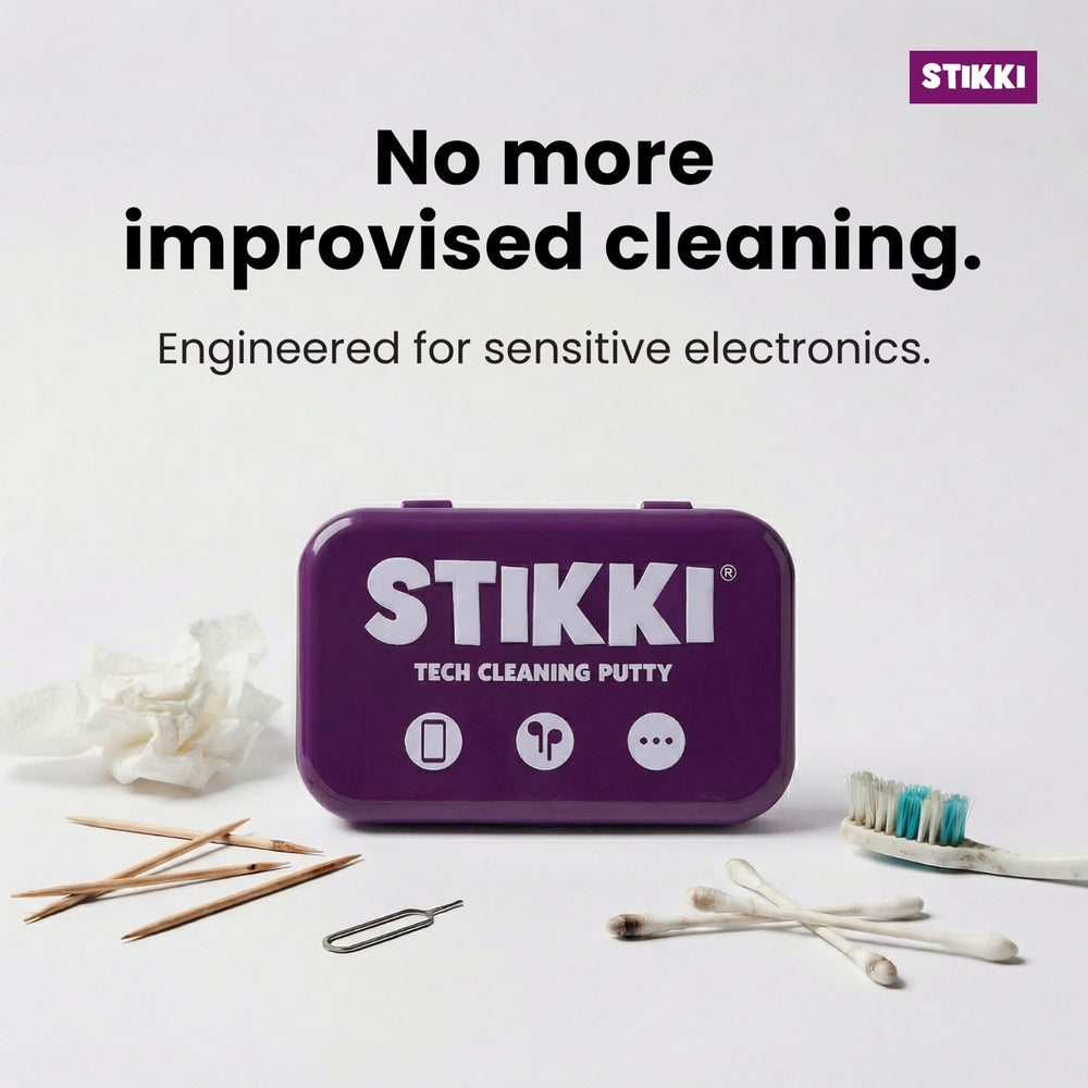 STIKKI herramienta limpiando AirPods, mejora la higiene y calidad de sonido