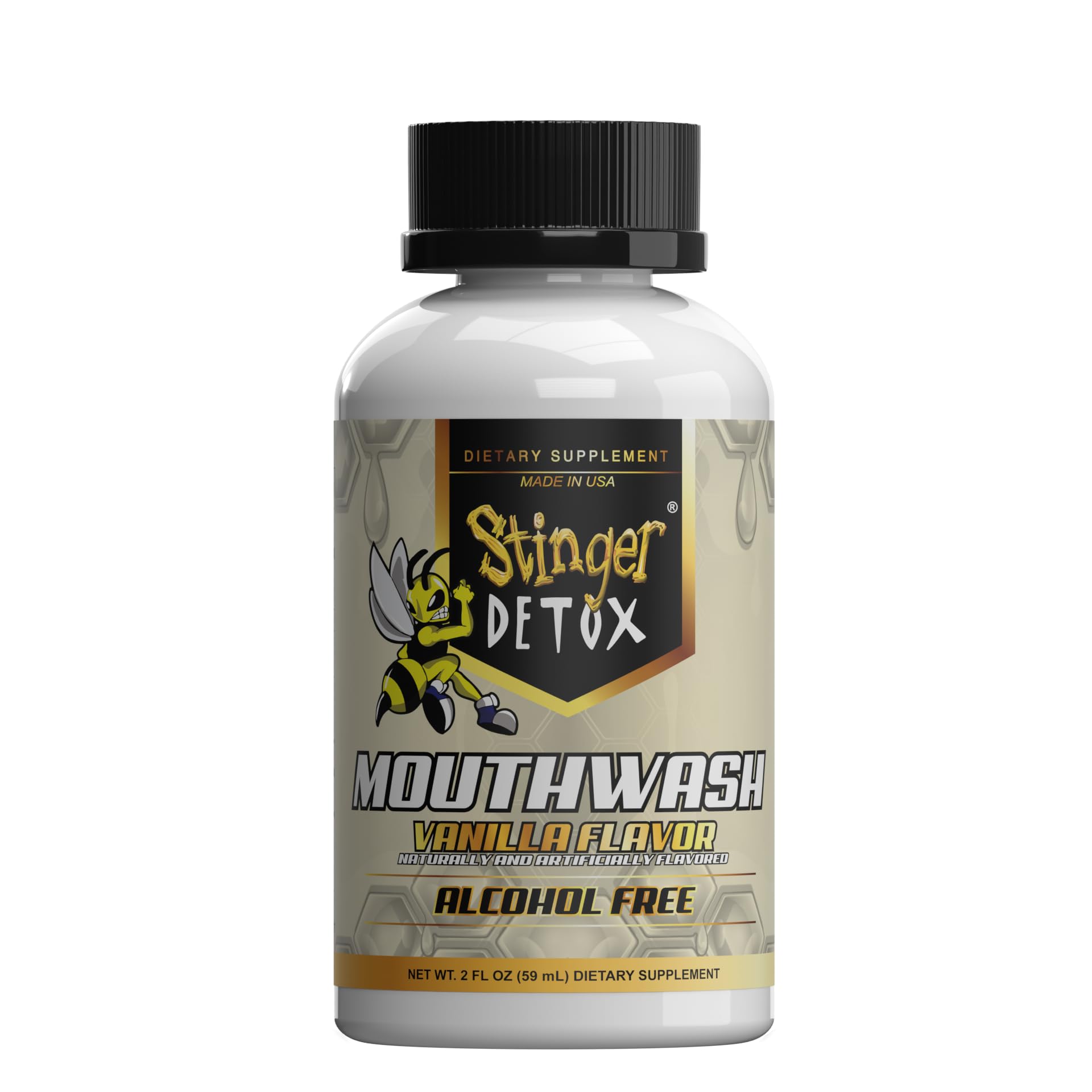 Stinger Detox enjuague frente mostrando botella y beneficios de frescura