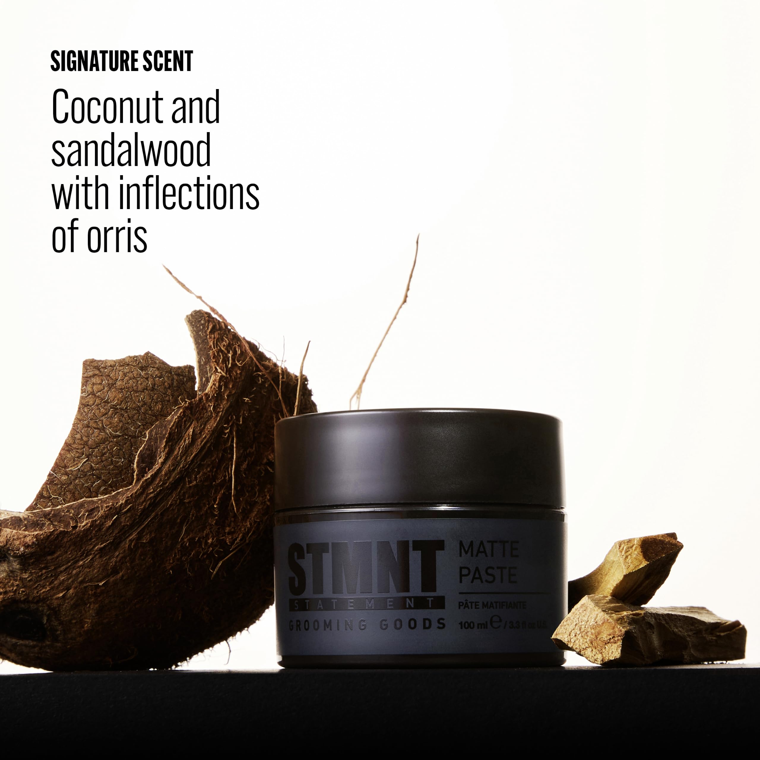 STMNT matte paste on bathroom shelf lifestyle shot suggesting daily routine
