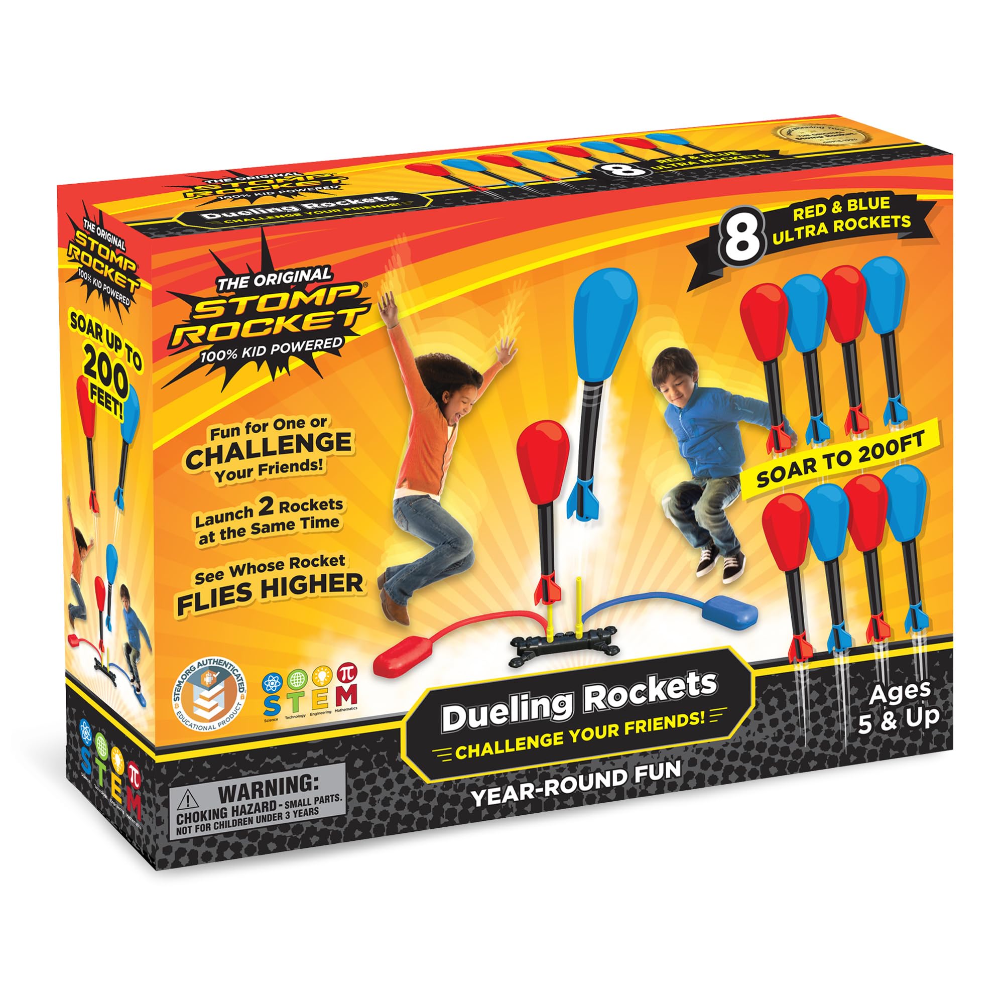 Stomp Rocket frontal del empaque mostrando componentes y beneficios educativos