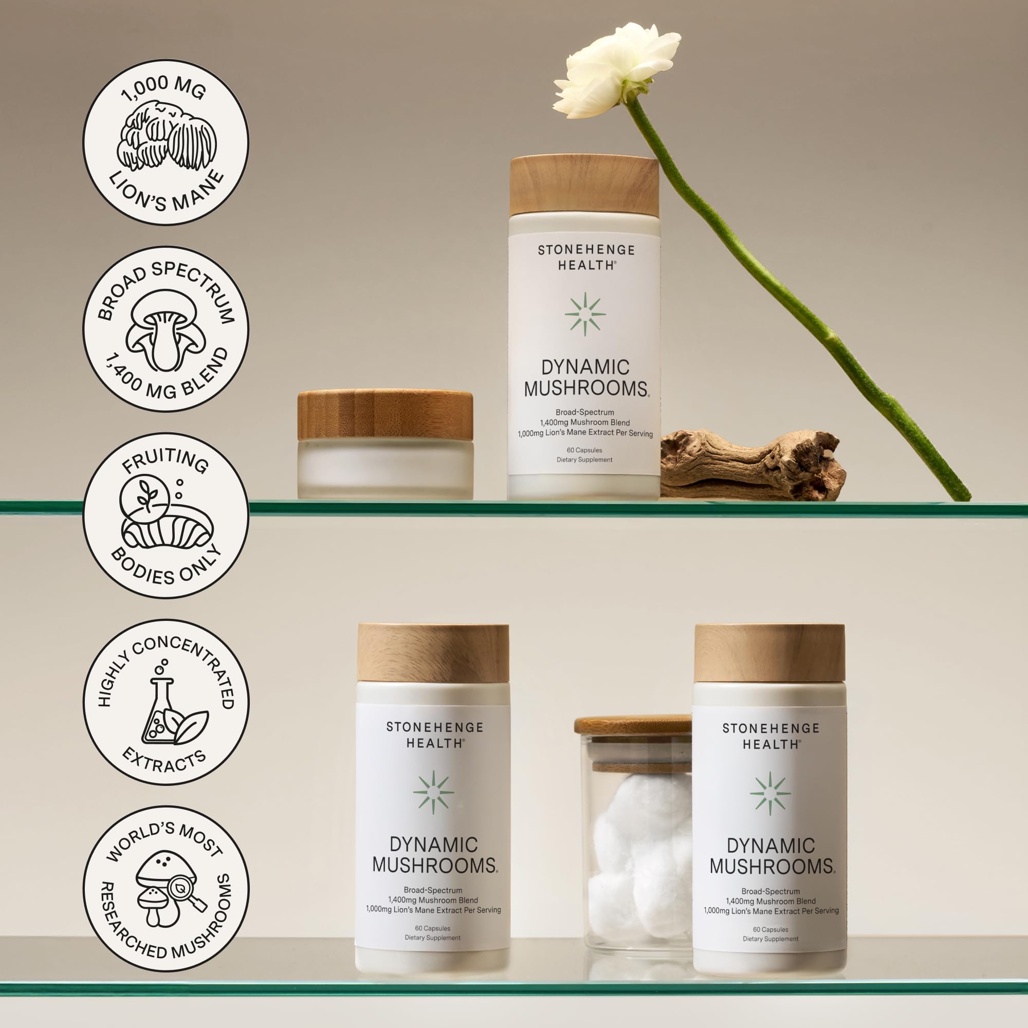 Stonehenge Health frasco al lado de monedas para comparar tamaño
