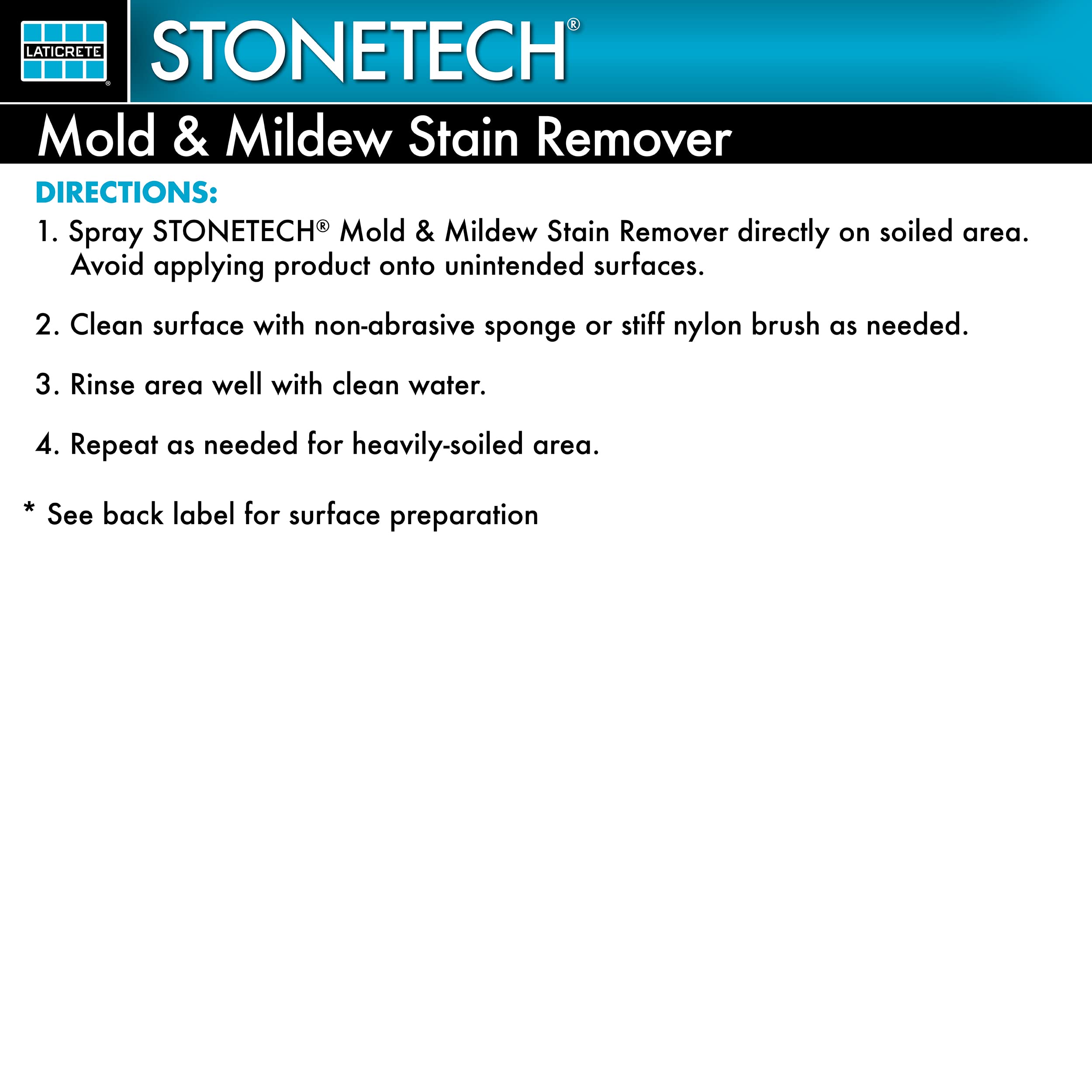 StoneTech etiqueta con instrucciones claras y superficies recomendadas