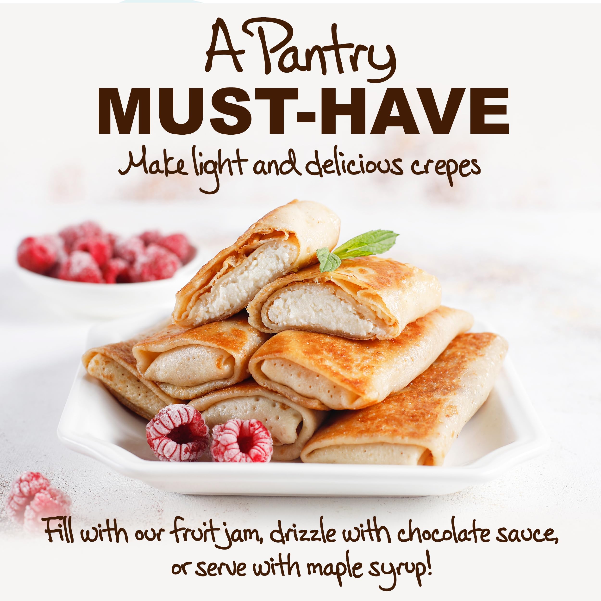 Stonewall Kitchen pila de crepes rellenos con frutas, ideal para desayuno