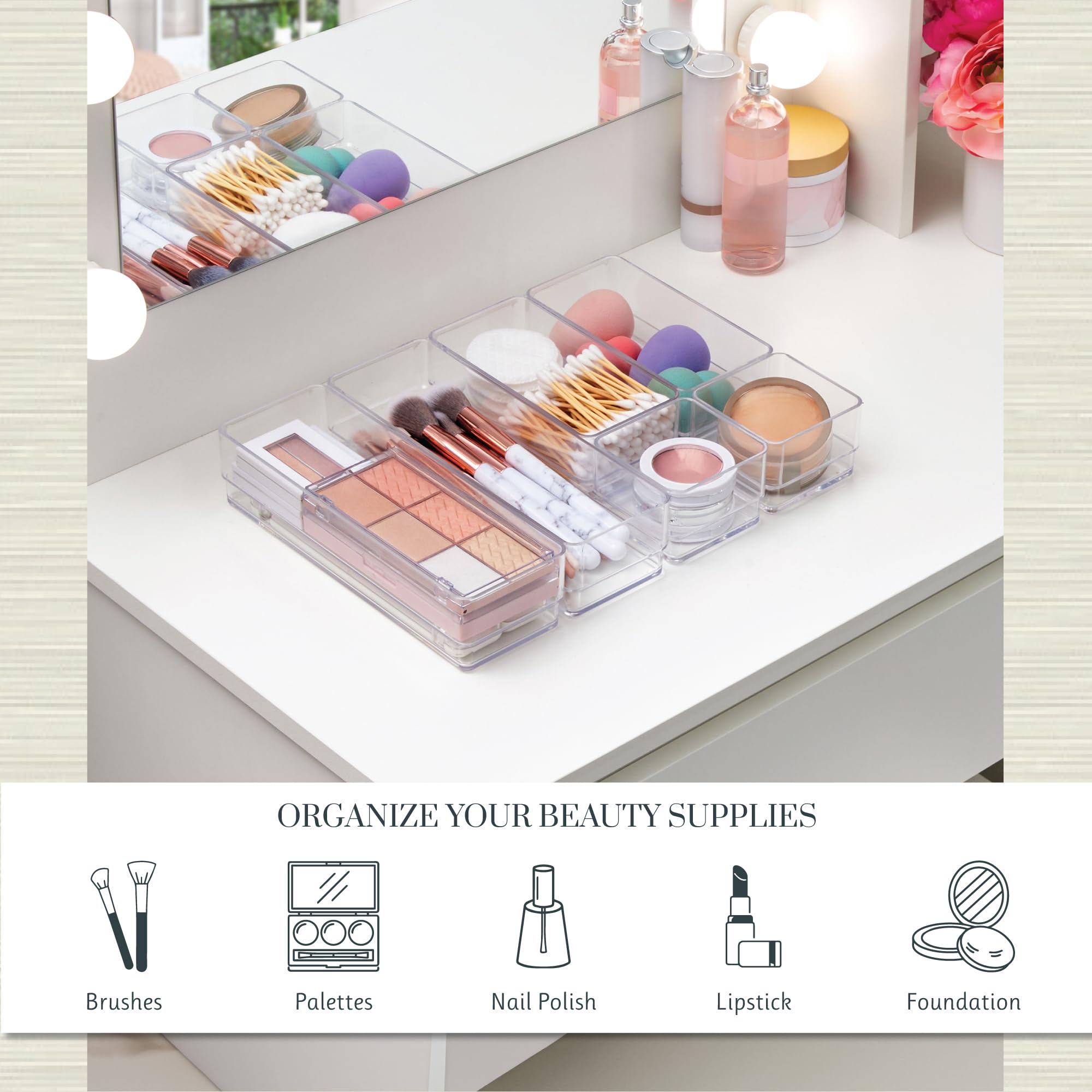 STORi organizadores SimpleSort en tocador con cosméticos accesibles y ordenados