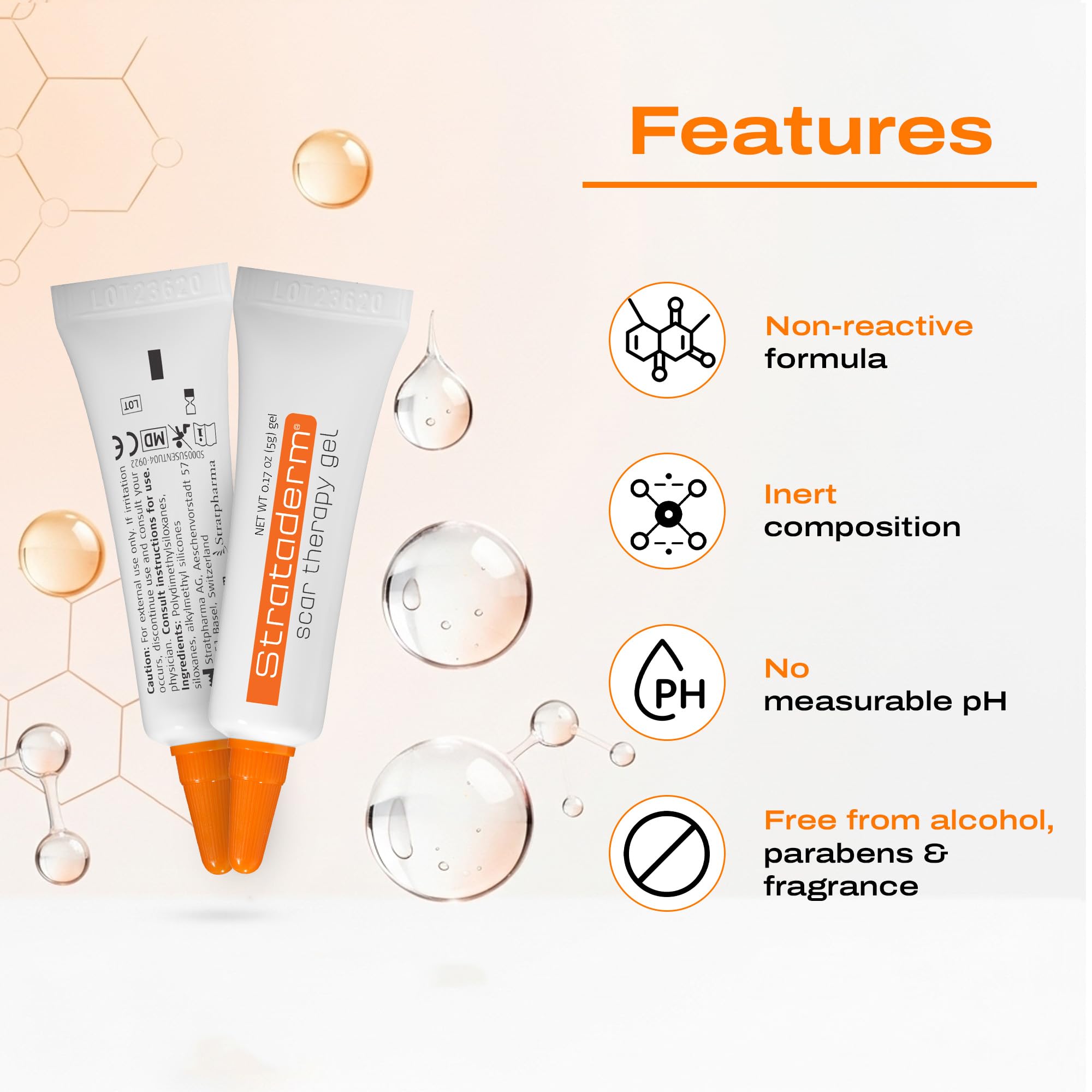 Strataderm gel transparente sobre piel mostrando aspecto no graso