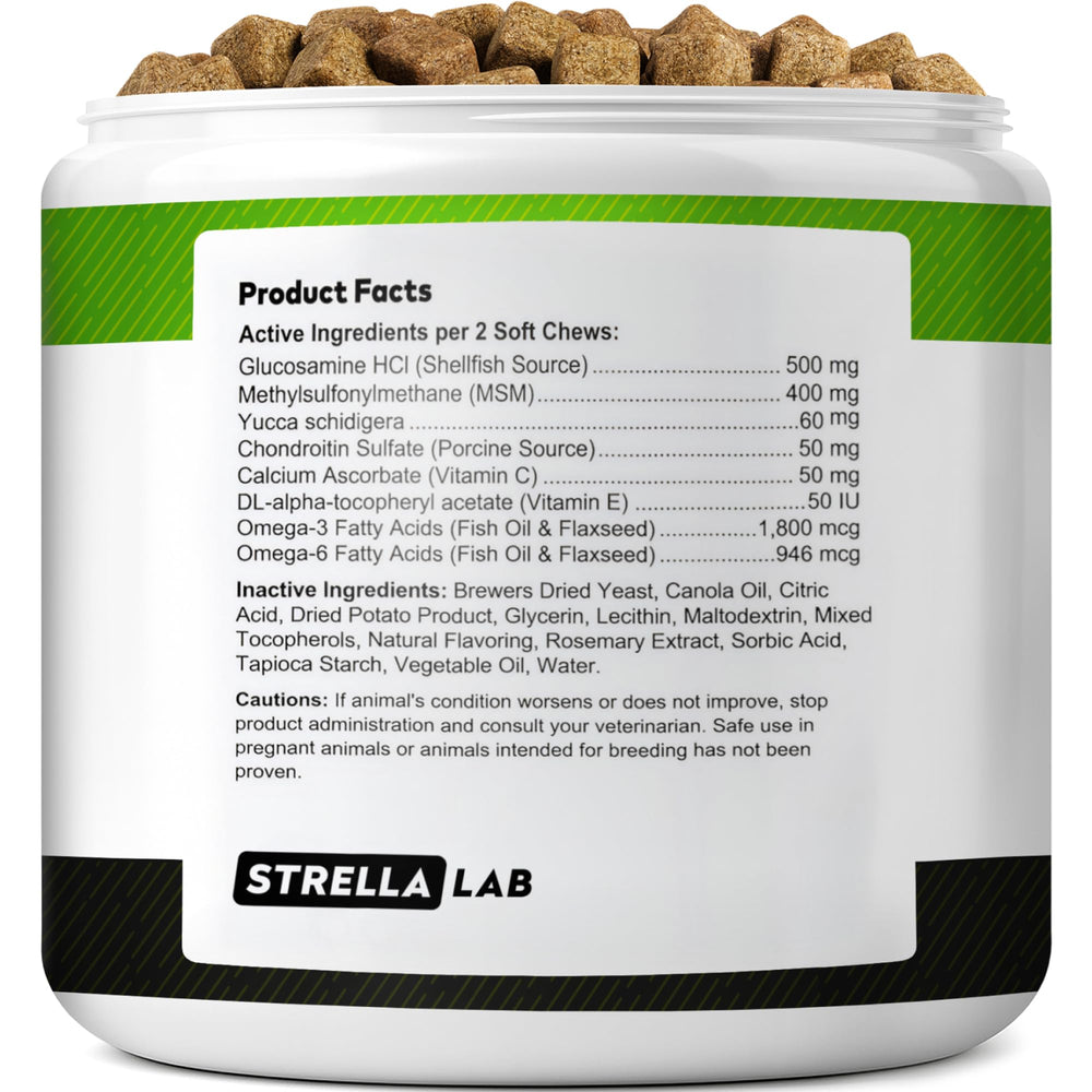 STRELLALAB etiqueta con lista de glucosamina, condroitina y vitaminas