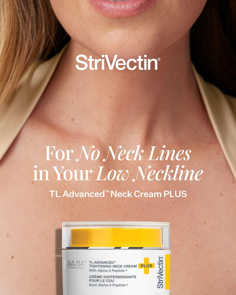 StriVectin aplicación en cuello demostrando efecto tensante y lifting