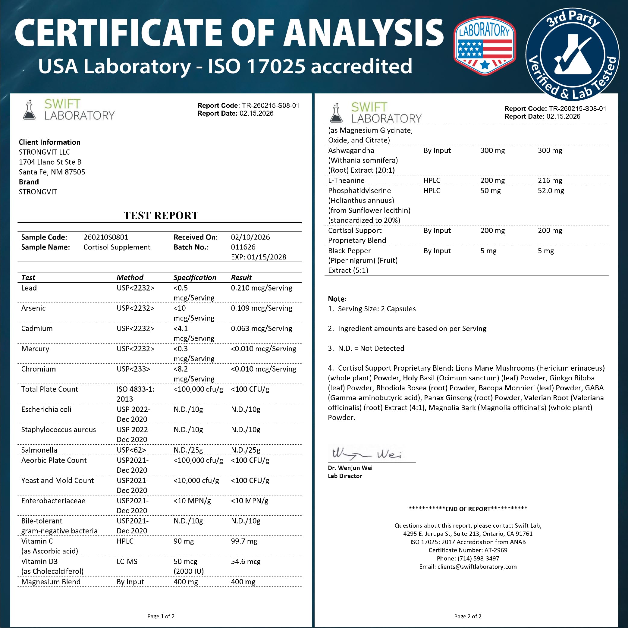 StrongVit etiqueta con lista de ingredientes y certificaciones visibles