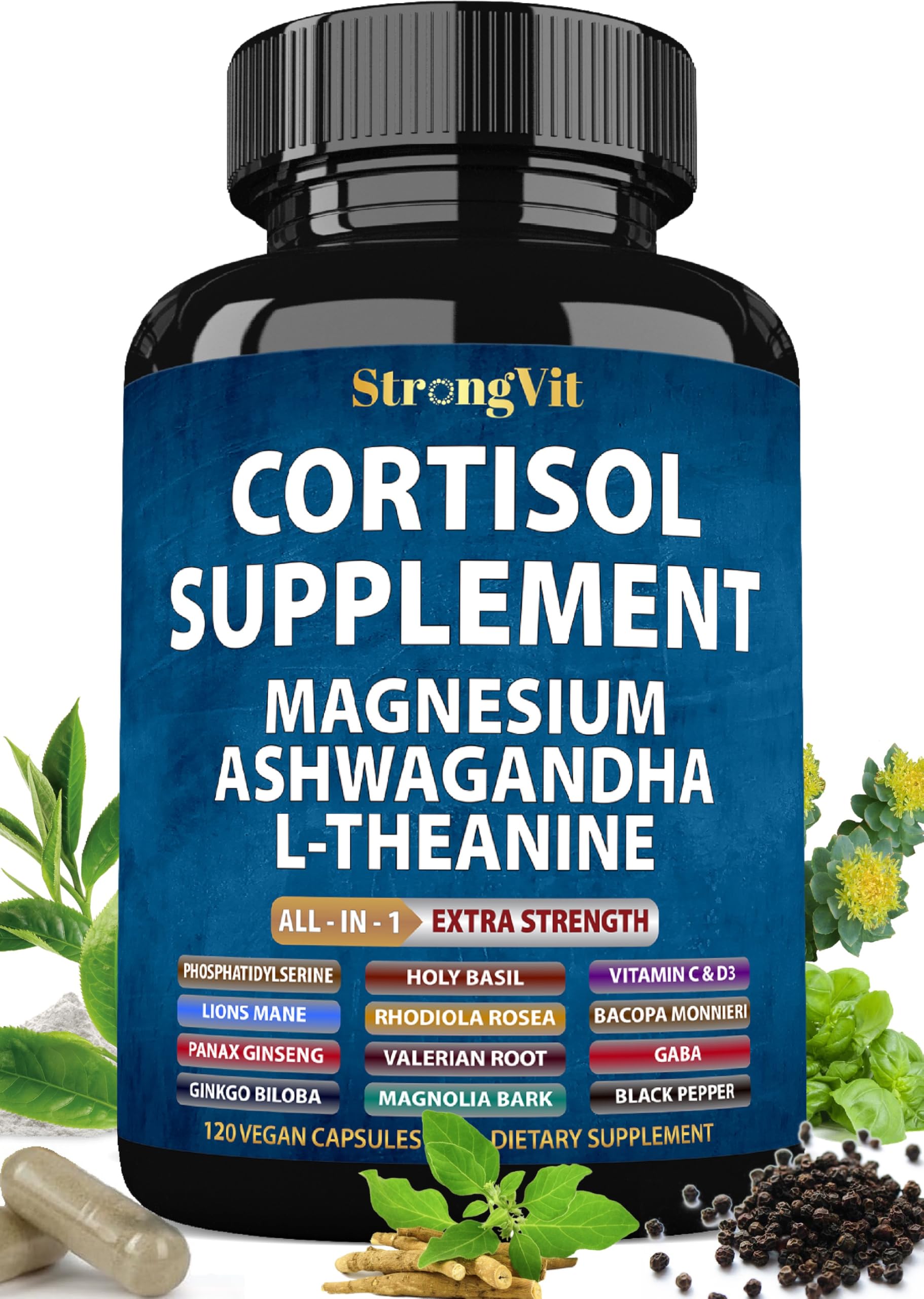 StrongVit frasco frontal mostrando 120 cápsulas y beneficios de sueño