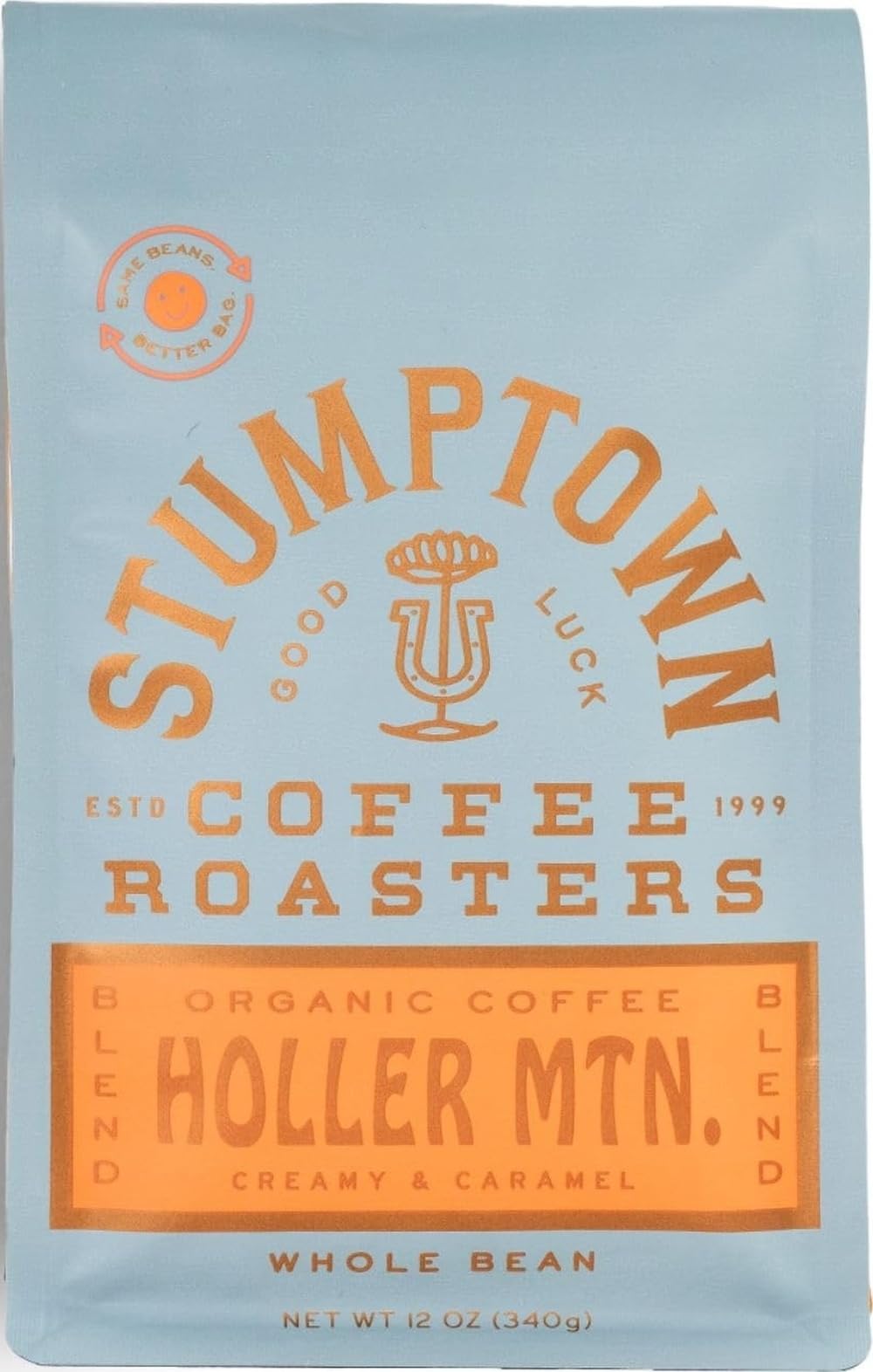 Stumptown empaque frontal mostrando la bolsa y beneficios de la mezcla