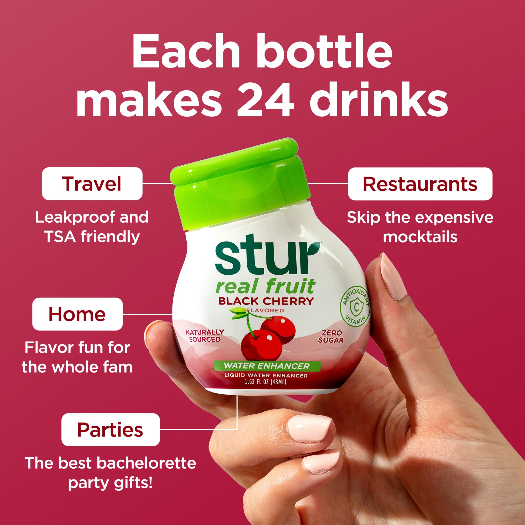 Stur Black Cherry etiqueta con ingredientes y aporte de vitamina C