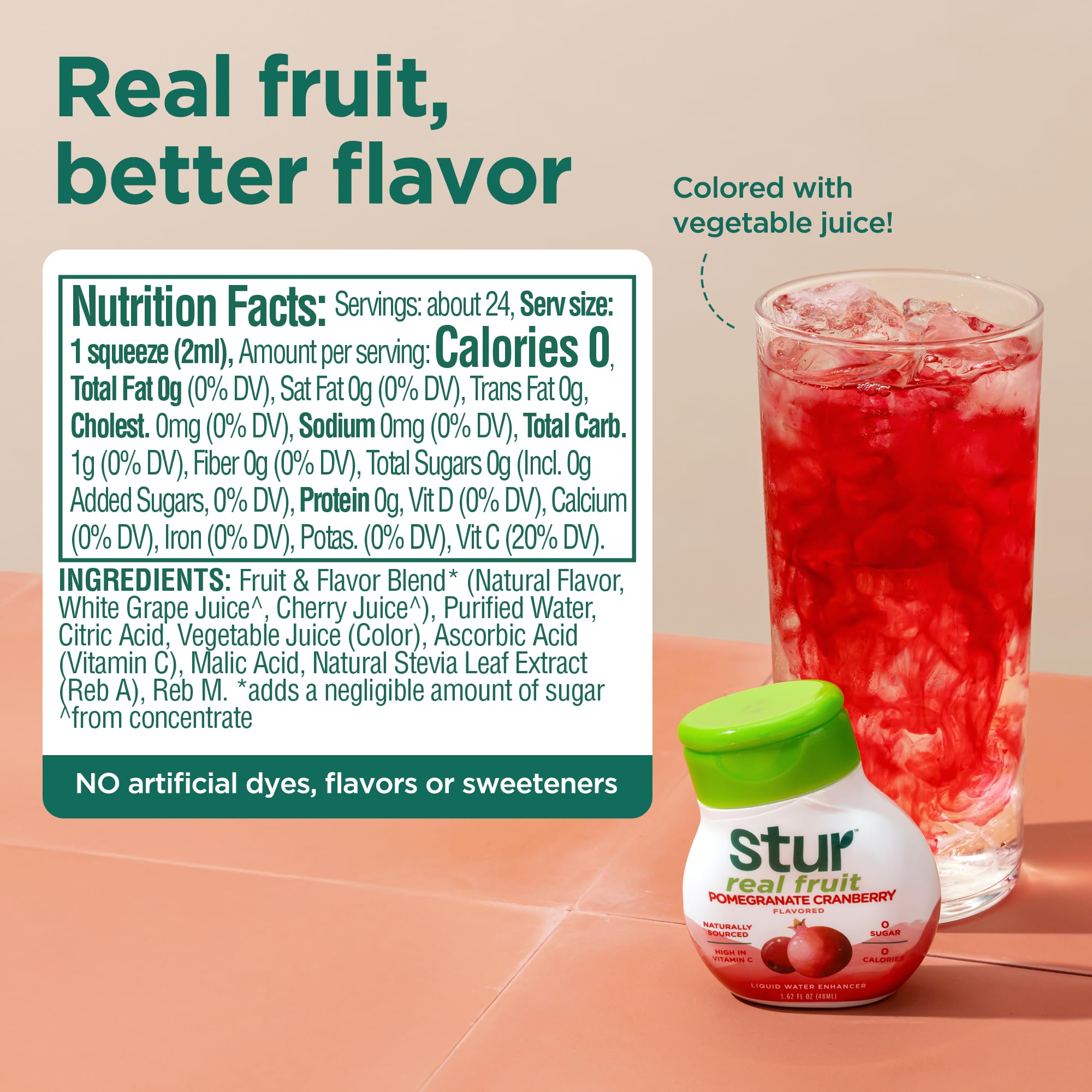 Stur etiqueta e ingredientes visibles, muestra extractos reales de fruta y beneficios