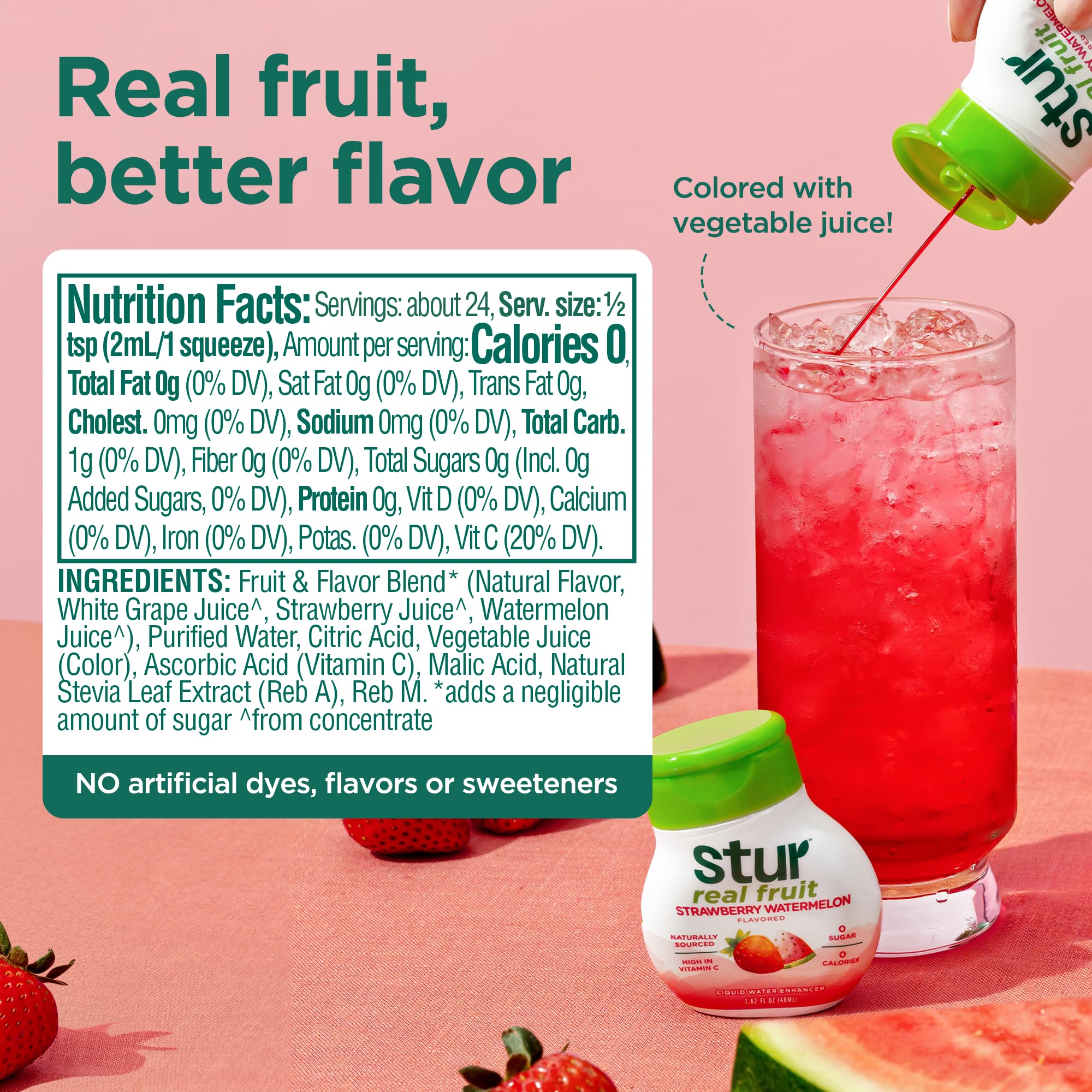 Stur etiqueta con ingredientes y vitamina C visible, confianza y transparencia
