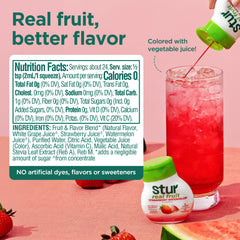 Stur etiqueta con ingredientes y vitamina C visible, confianza y transparencia