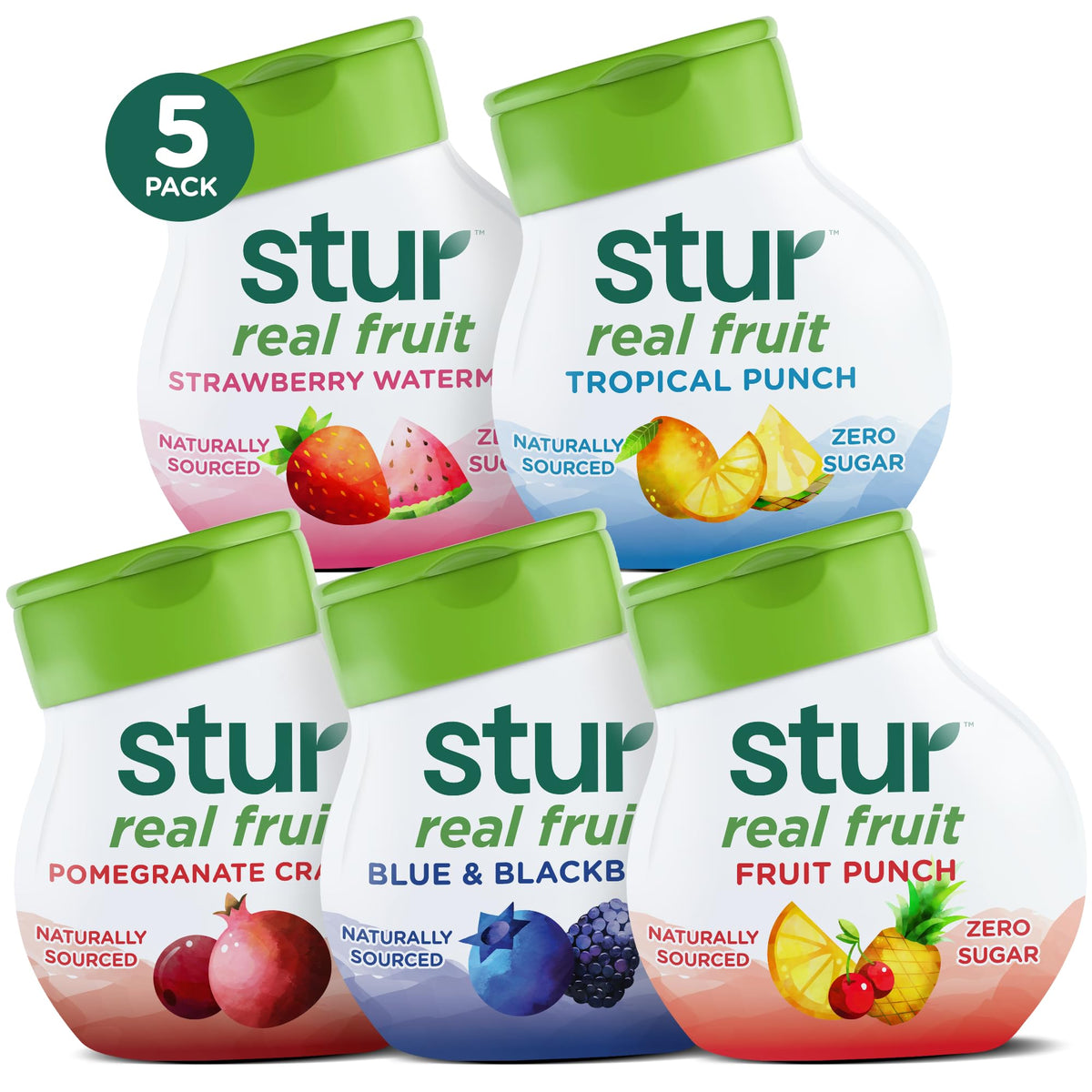 Stur frontal pack clásico mostrando las cinco botellas y beneficios visibles