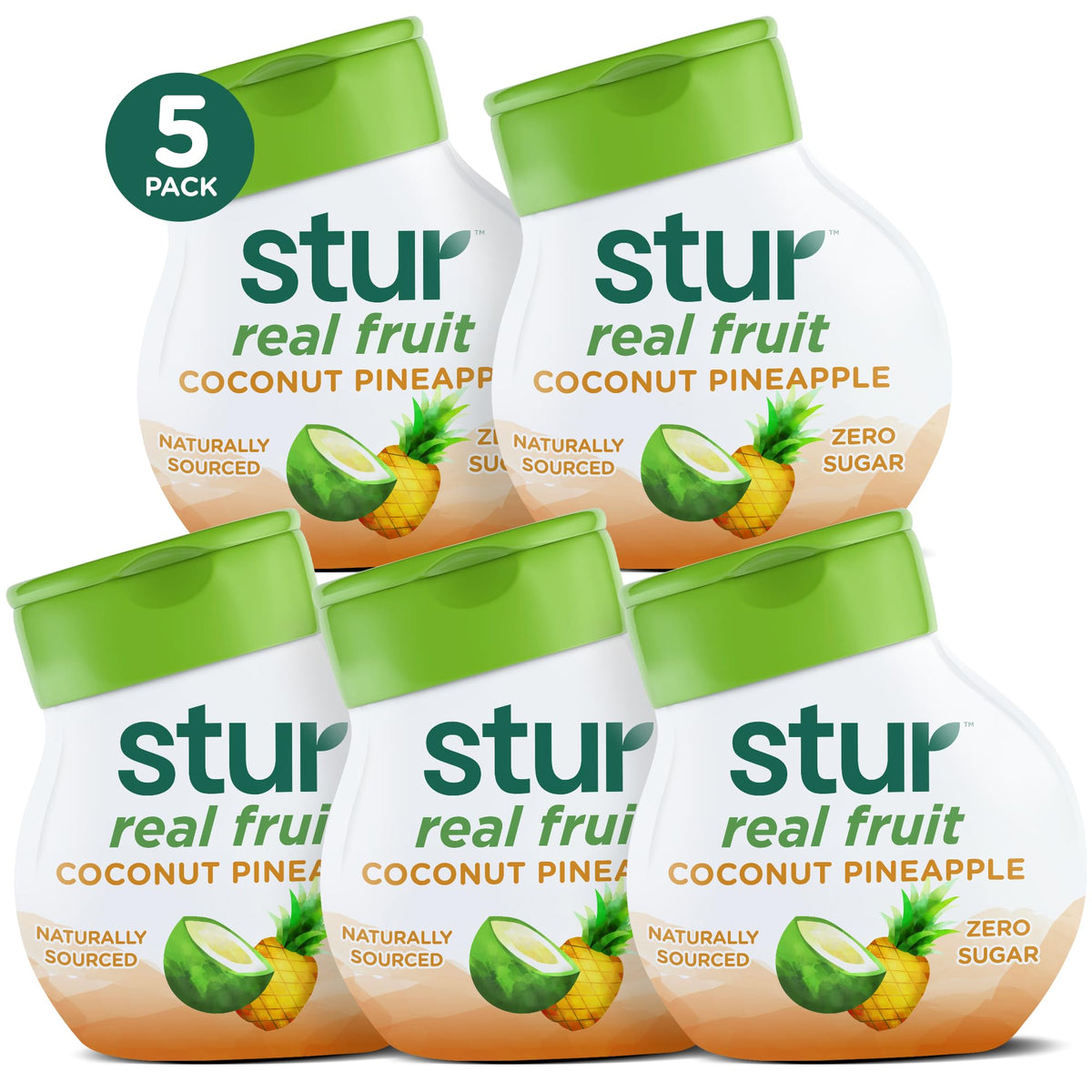 Stur envase frontal Coconut Pineapple mostrando etiqueta y tamaño portátil