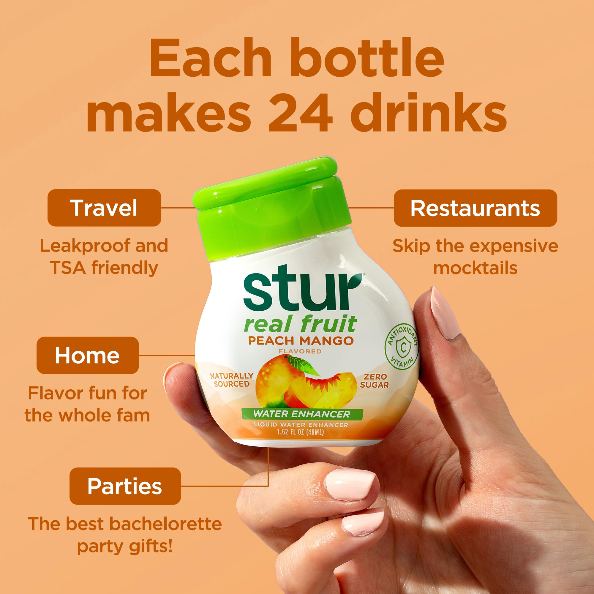 Etiqueta nutricional Stur Peach Mango mostrando cero azúcar y vitamina C