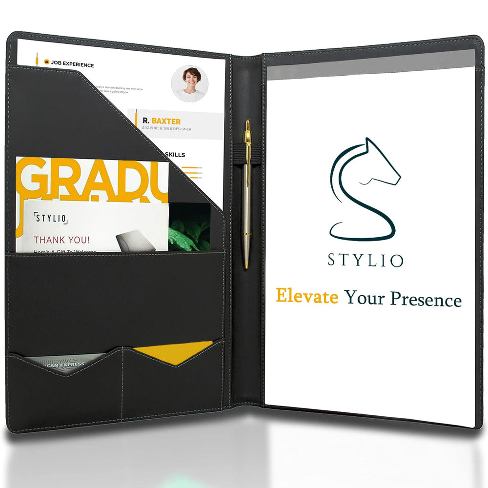 Stylio padfolio frontal mostrando diseño piano noir y apariencia profesional