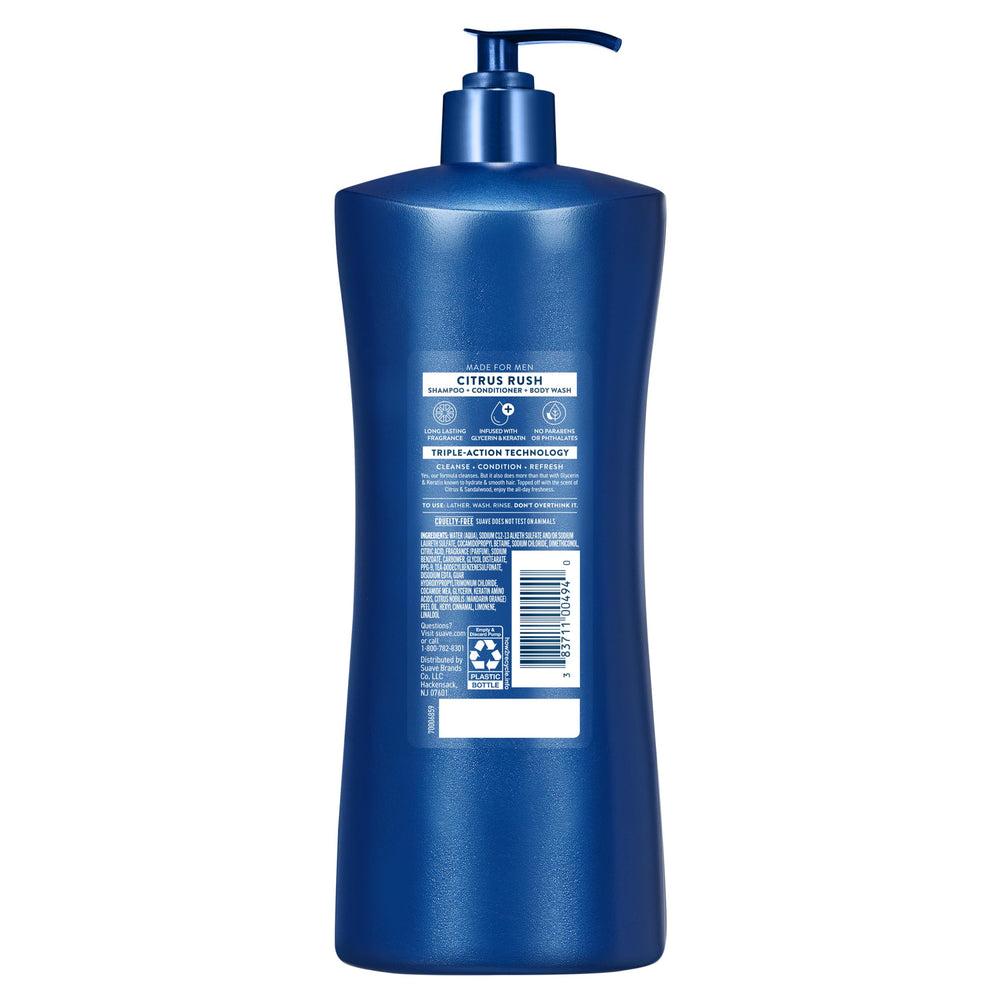 Suave Men comparación de tamaño con mano para referencia de 28 fl oz