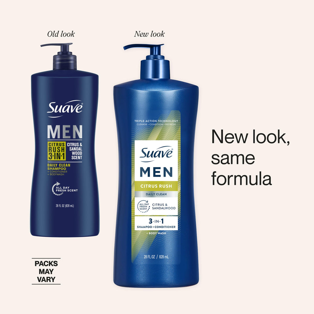 Suave Men etiqueta con lista de ingredientes y beneficios visibles
