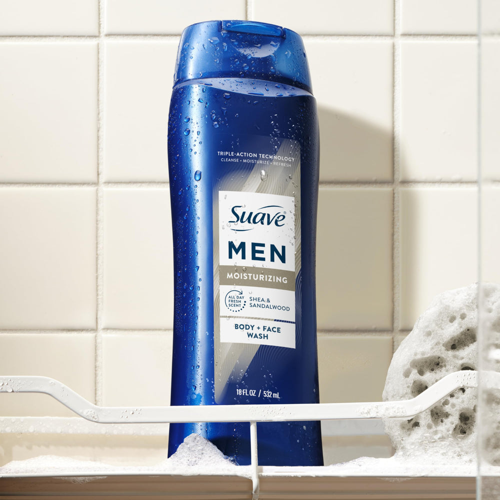 Primer plano de ingredientes Suave Men mostrando glicerina y manteca de karité
