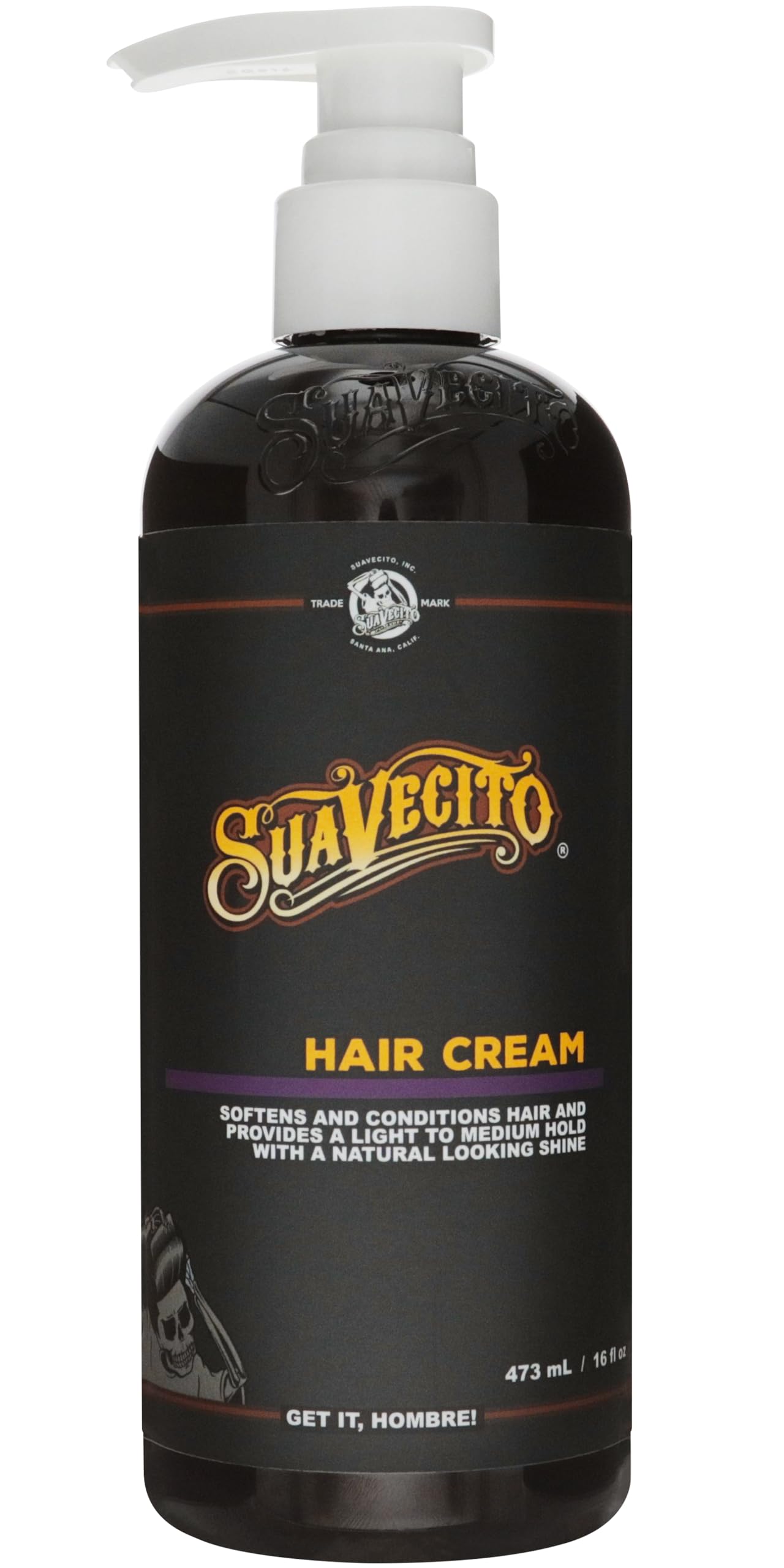 Suavecito Pomade crema en botella frontal mostrando diseño y facilidad de uso