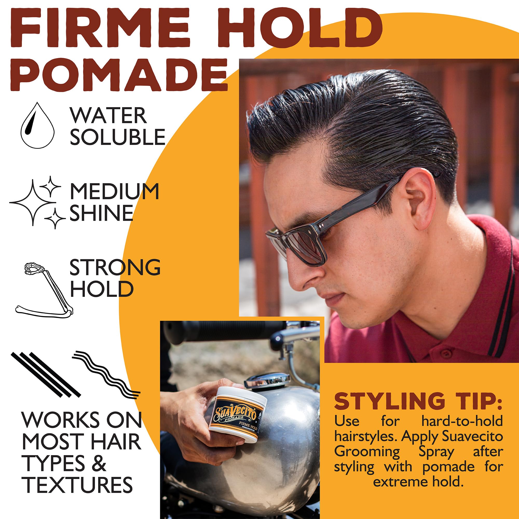 Suavecito Pomade en manos aplicando producto que facilita peinar y definir el estilo