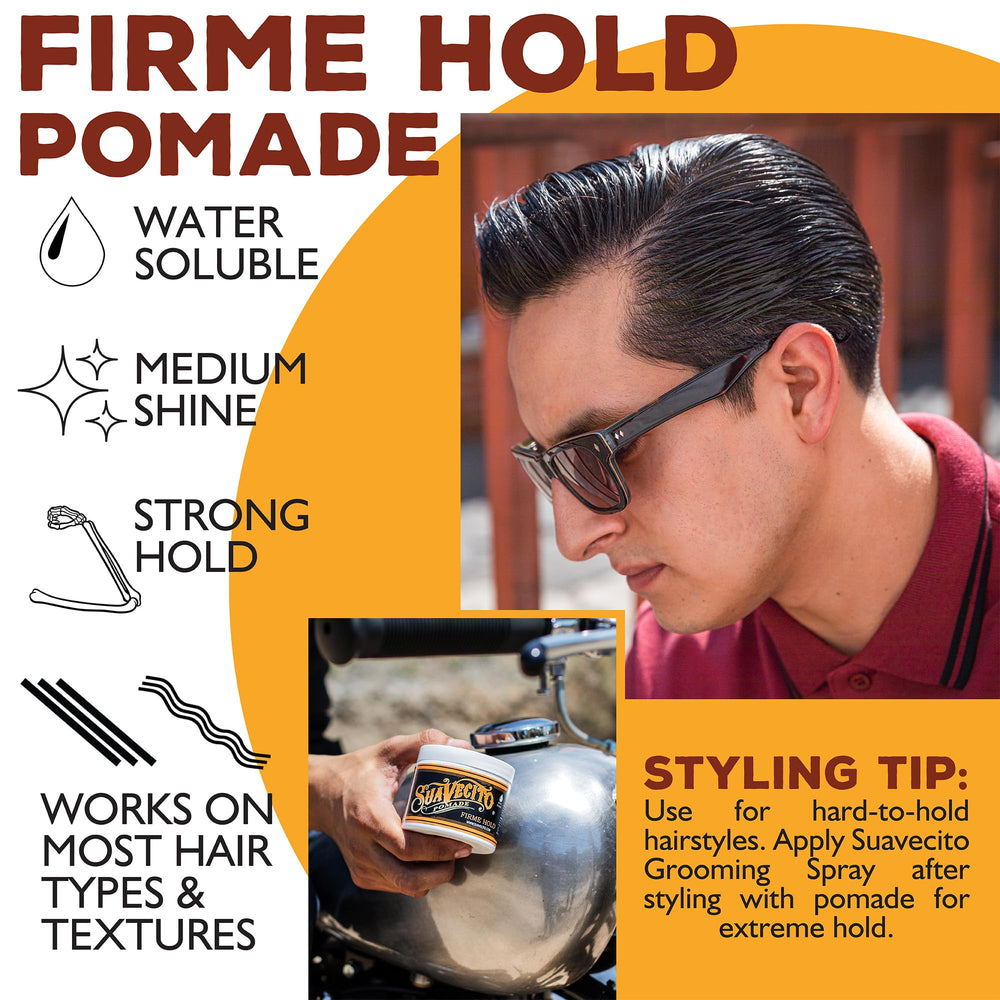 Suavecito Pomade en manos aplicando producto que facilita peinar y definir el estilo