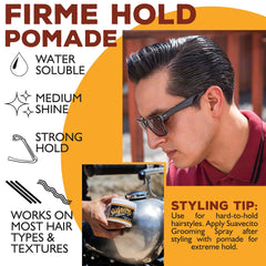 Suavecito Pomade en manos aplicando producto que facilita peinar y definir el estilo
