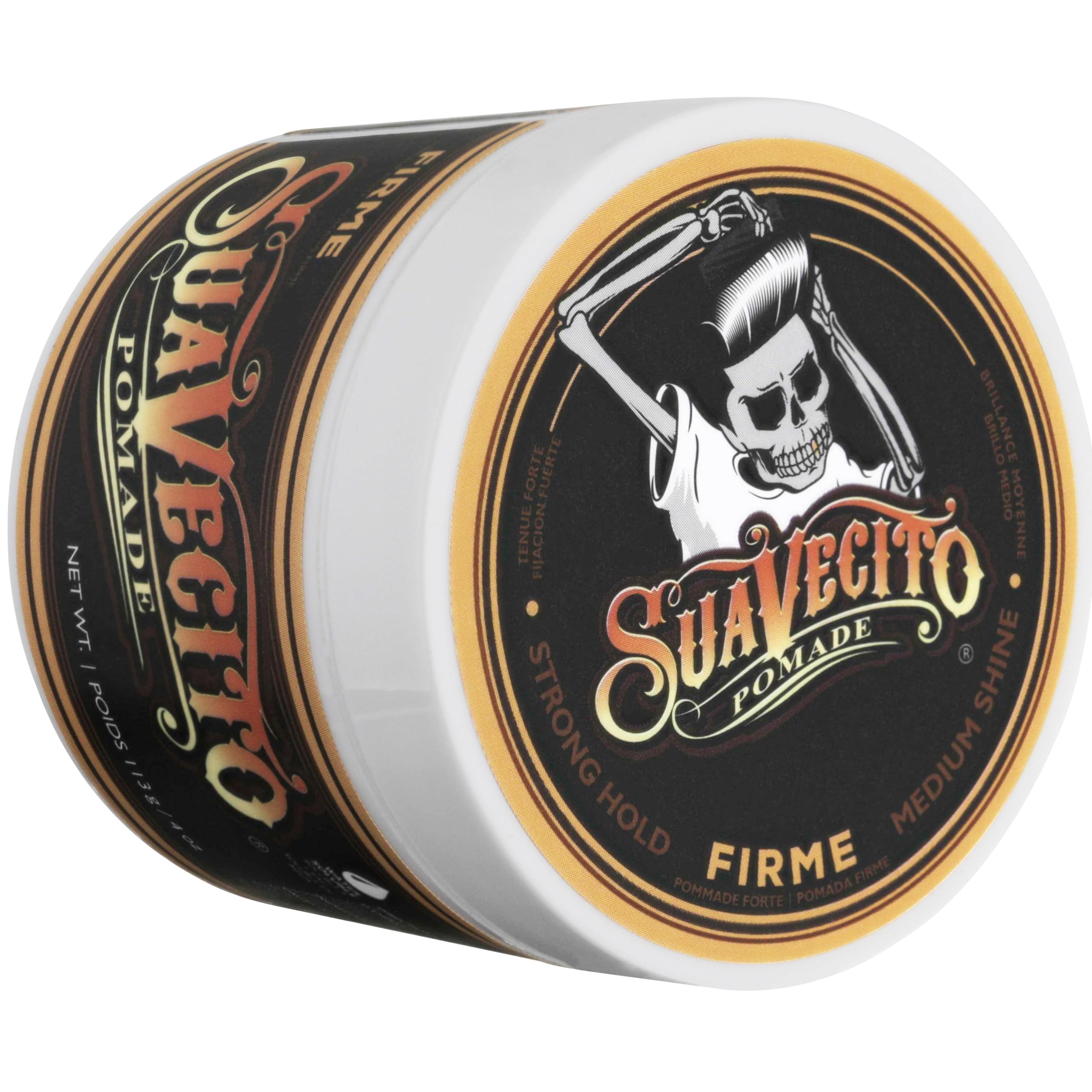 Suavecito Pomade etiqueta y detalles clarificando ingredientes y origen hecho en EE. UU.