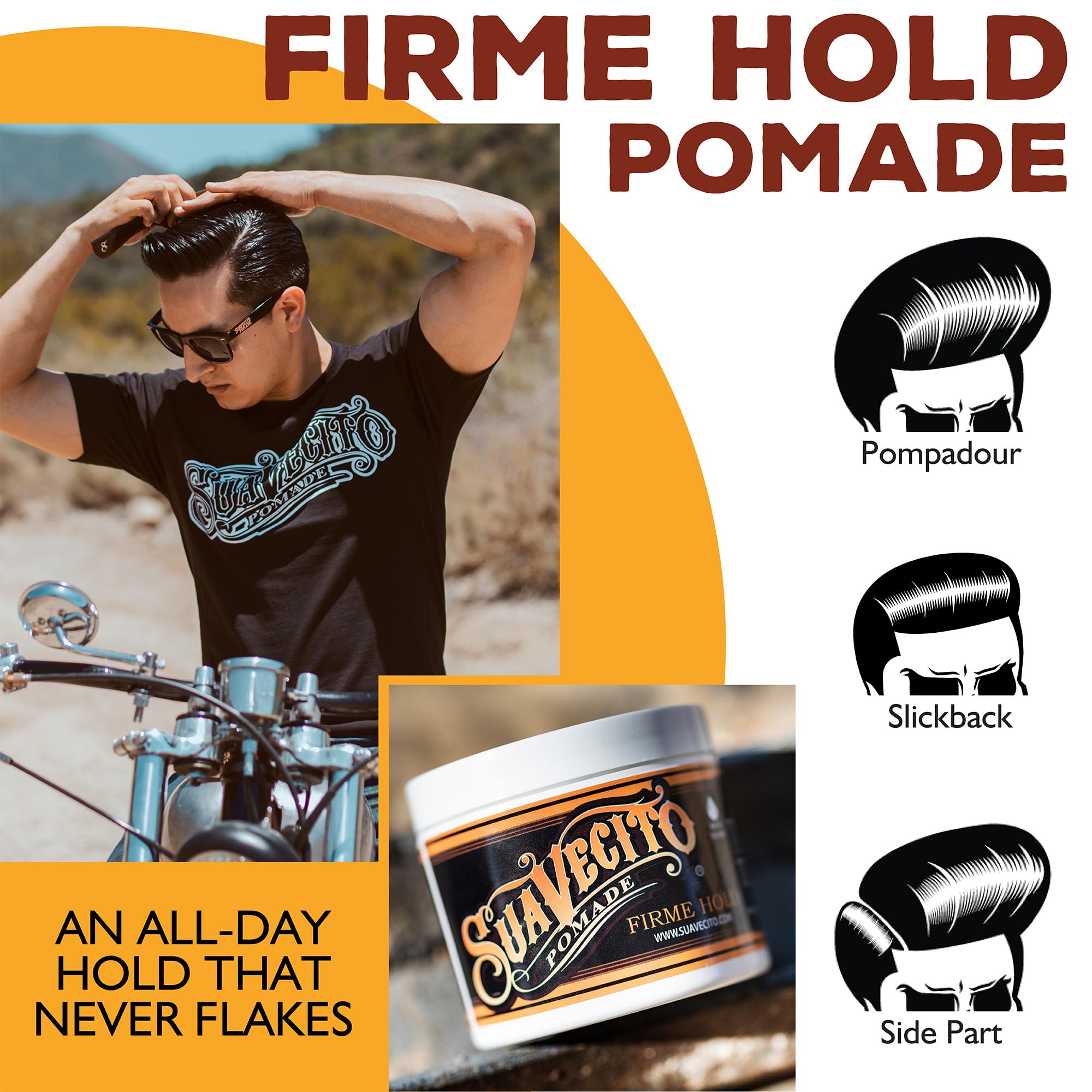 Suavecito Pomade en modelo con slick back mostrando fijación fuerte y brillo medio