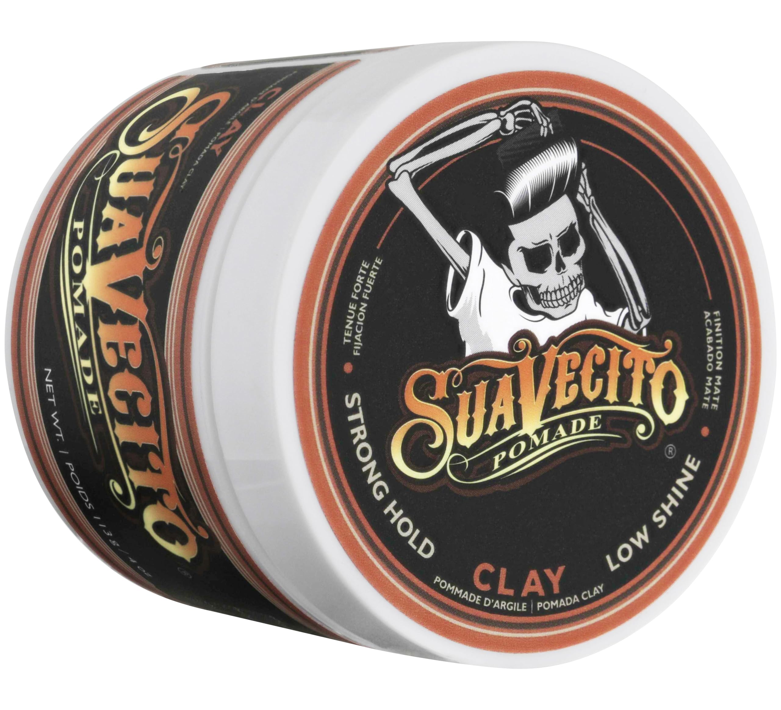 Suavecito Pomade tapa y etiqueta legible que muestra marca y estilo