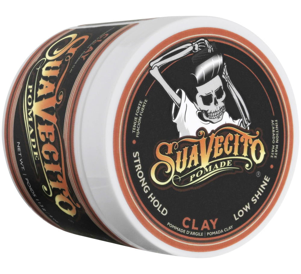 Suavecito Pomade tapa y etiqueta legible que muestra marca y estilo