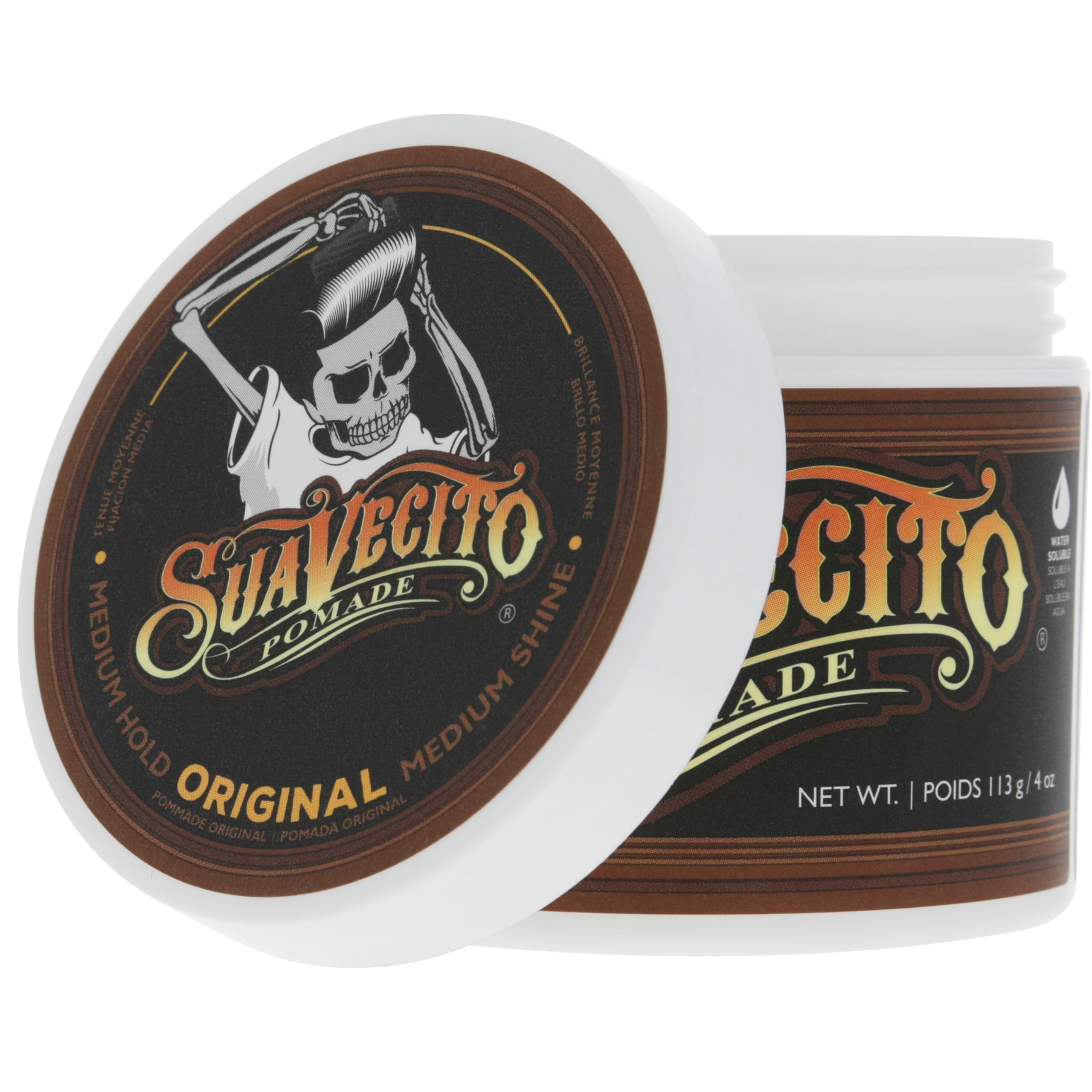 Etiqueta de Suavecito Pomade con instrucciones y beneficios legibles