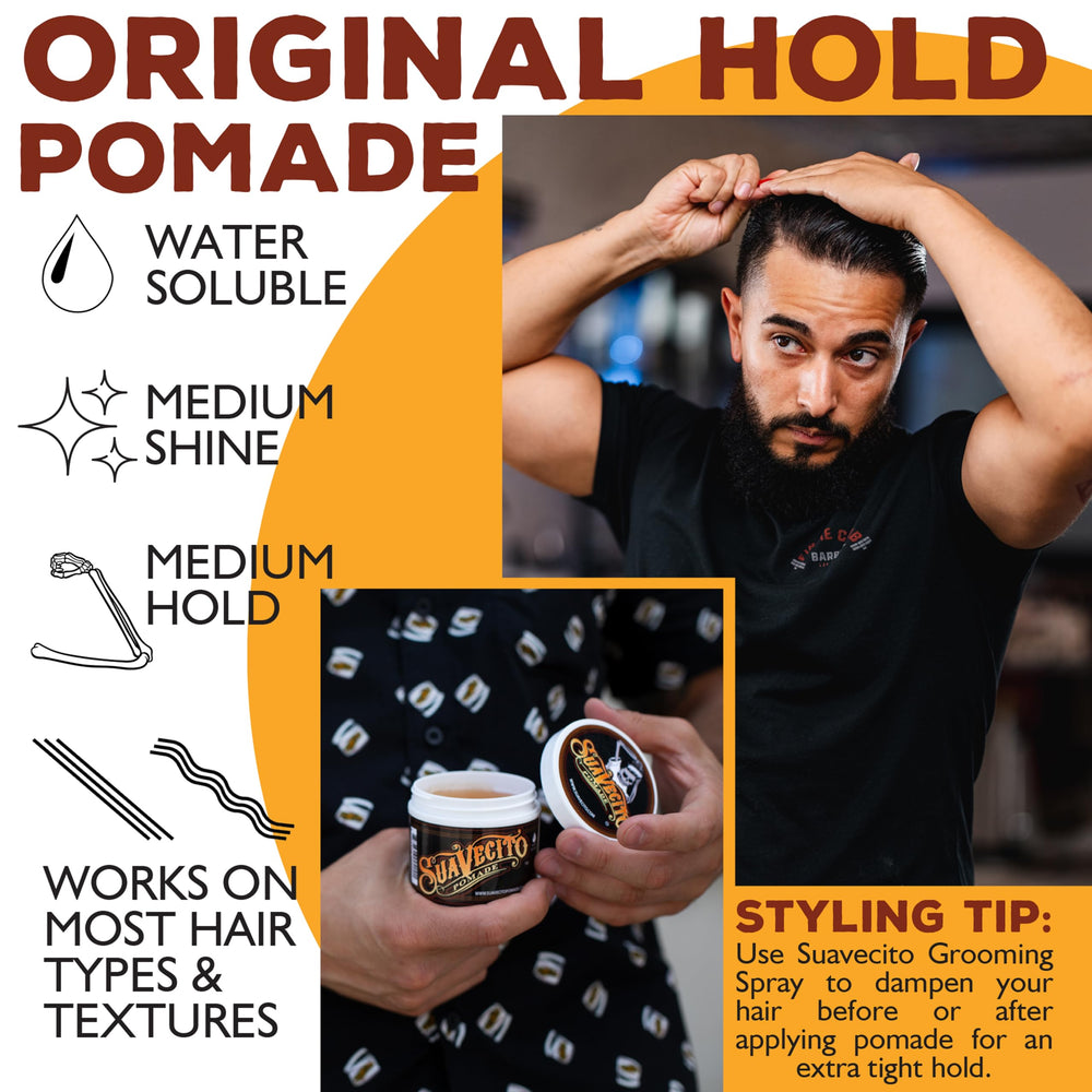 Hombre usando Suavecito Pomade peinando su cabello con peine, control visible