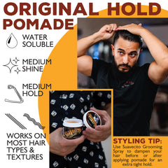 Hombre usando Suavecito Pomade peinando su cabello con peine, control visible