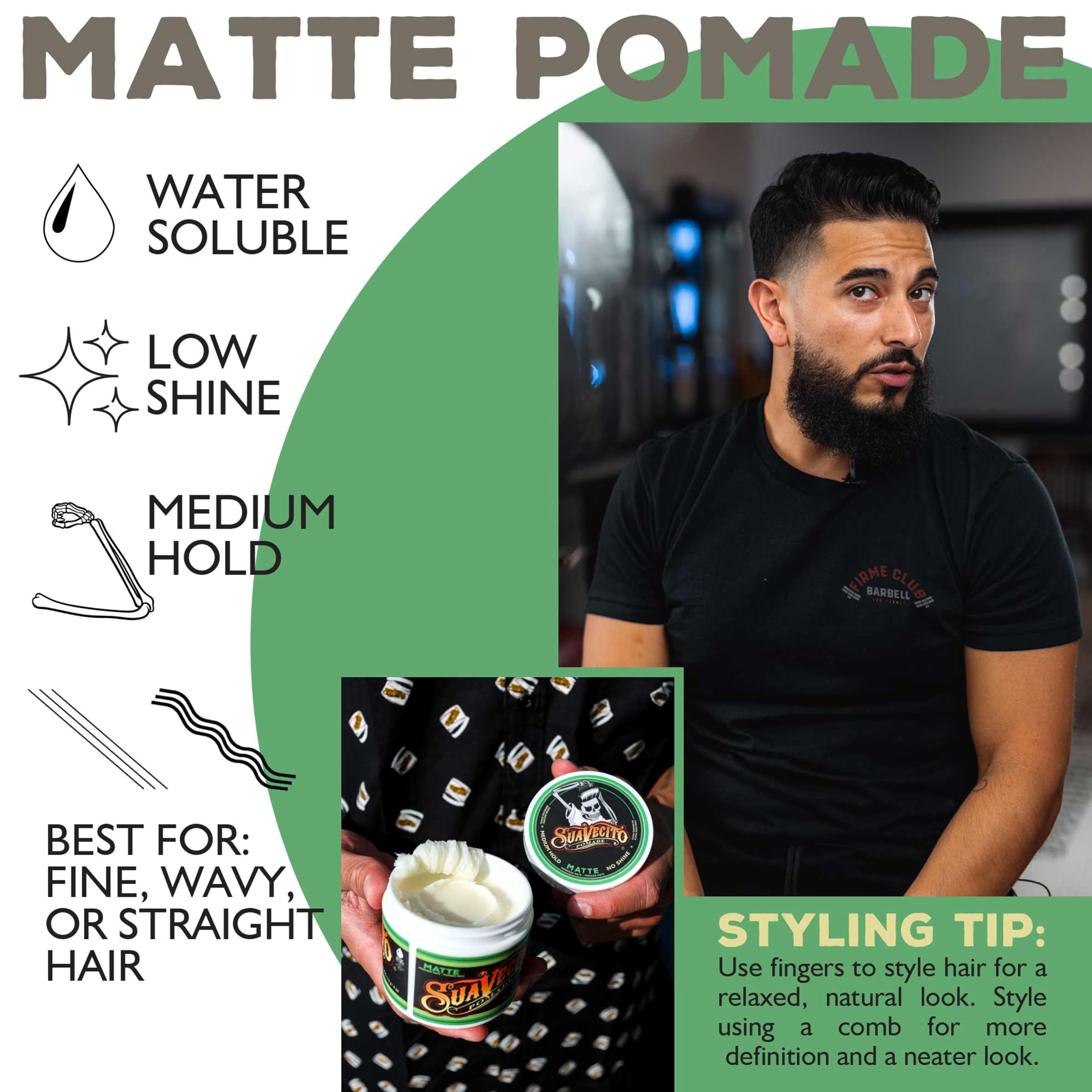 Suavecito Pomade detalle de etiqueta mostrando nombre y fórmula