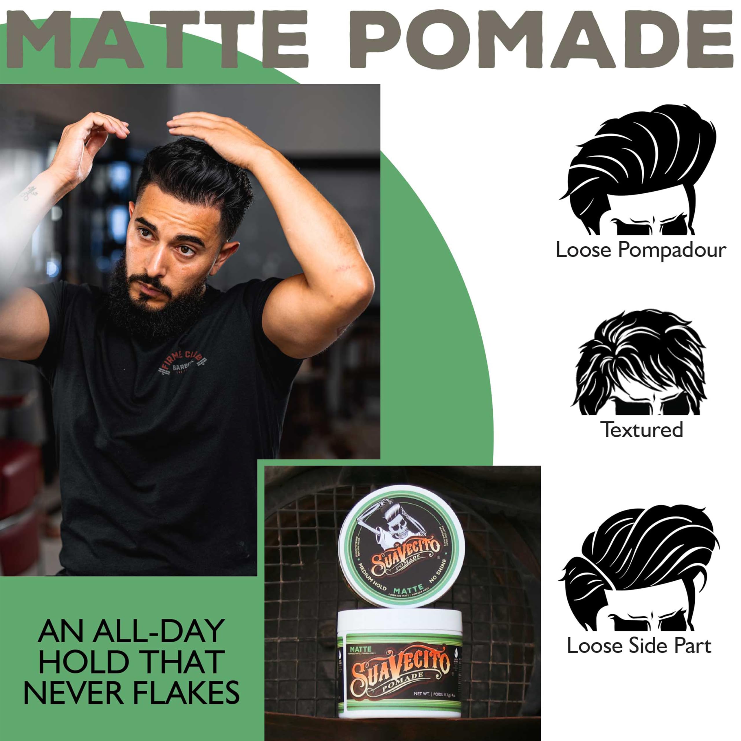 Suavecito Pomade peinado lateral con acabado mate y control natural