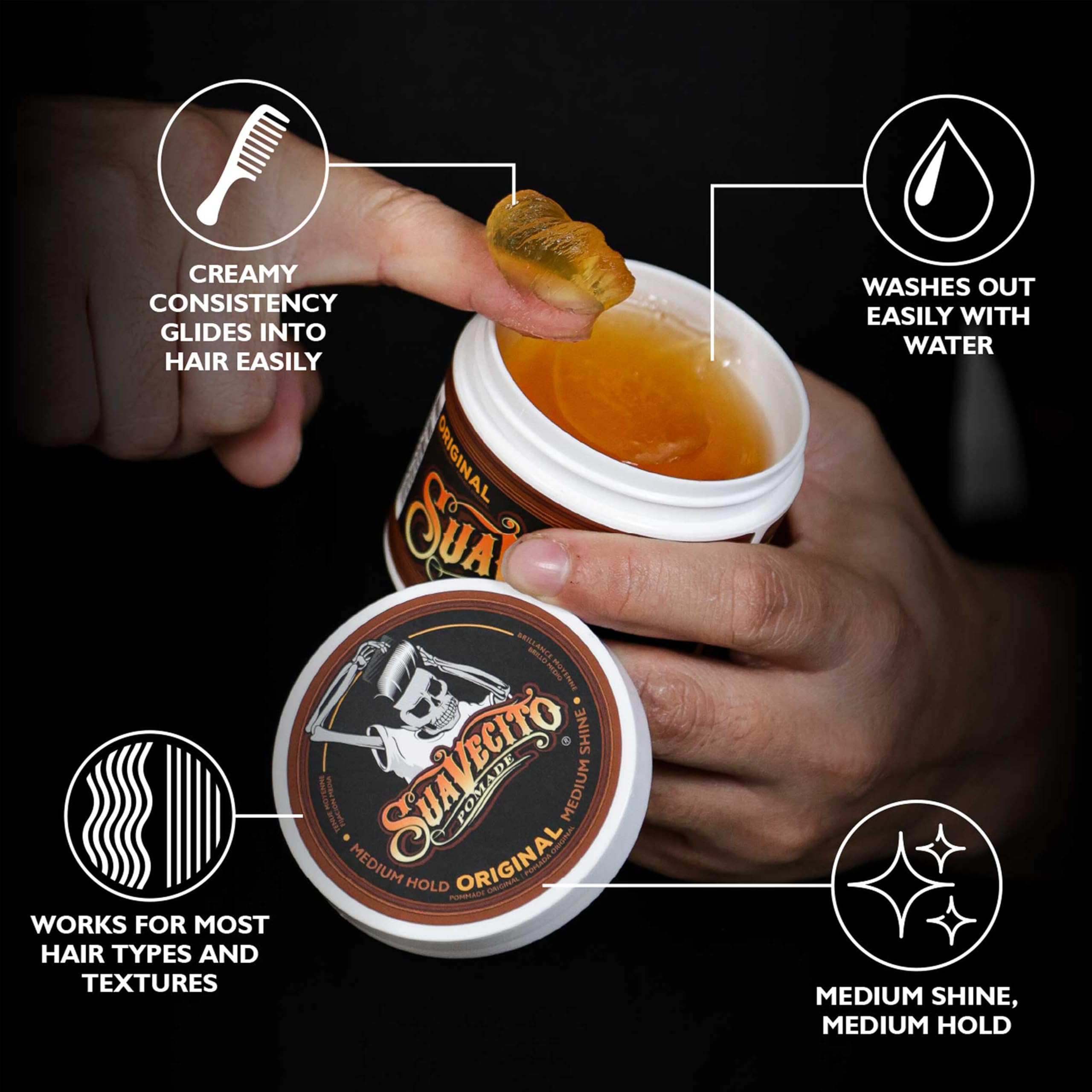 Suavecito Pomade lata abierta con textura cremosa lista para aplicar