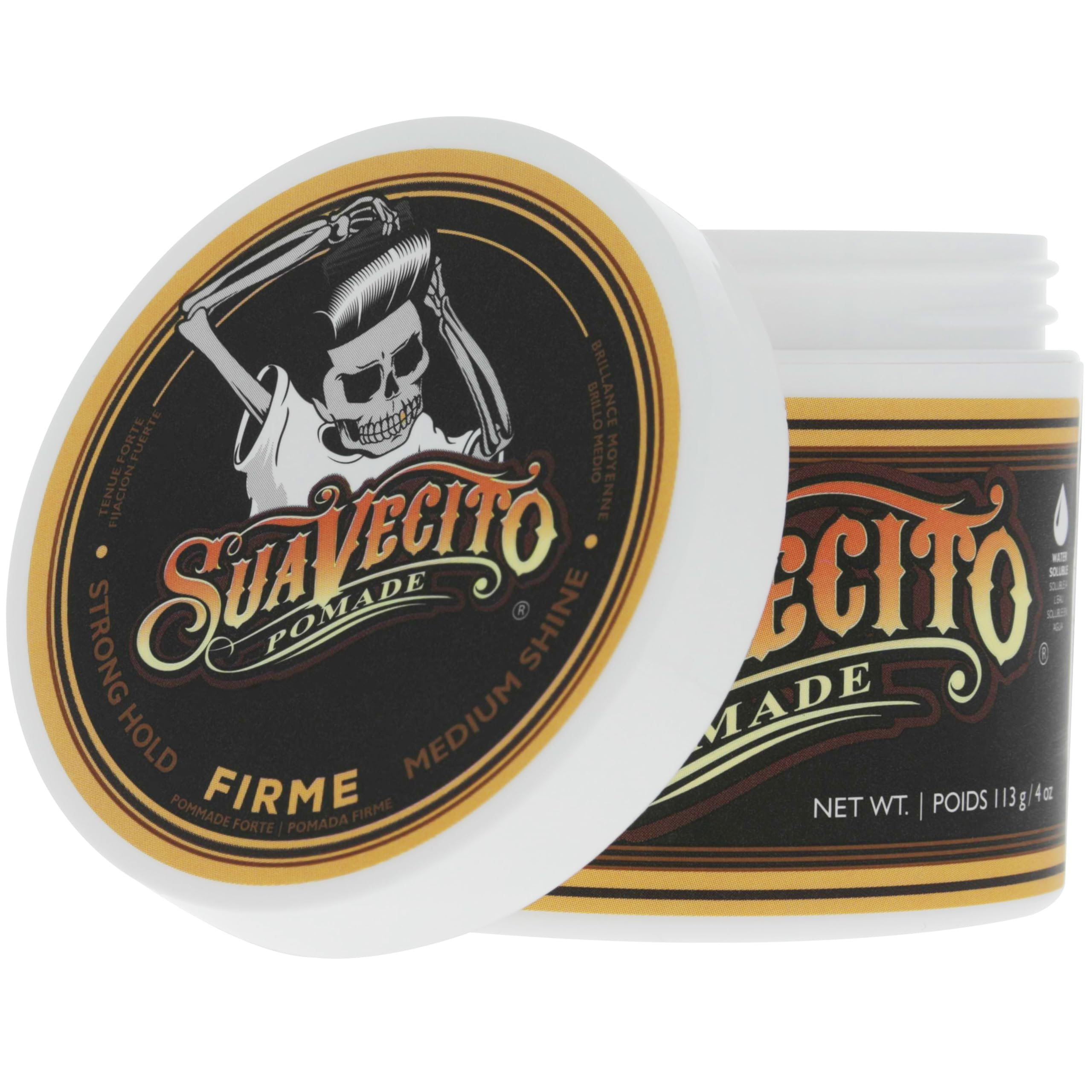 Two-pack Suavecito Pomade lifestyle flatlay with grooming tools, illustrates value pack benefit