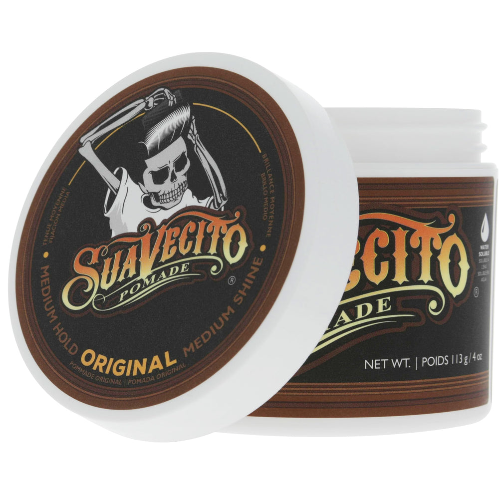 Slick-back haircut styled with Suavecito Pomade for polished look