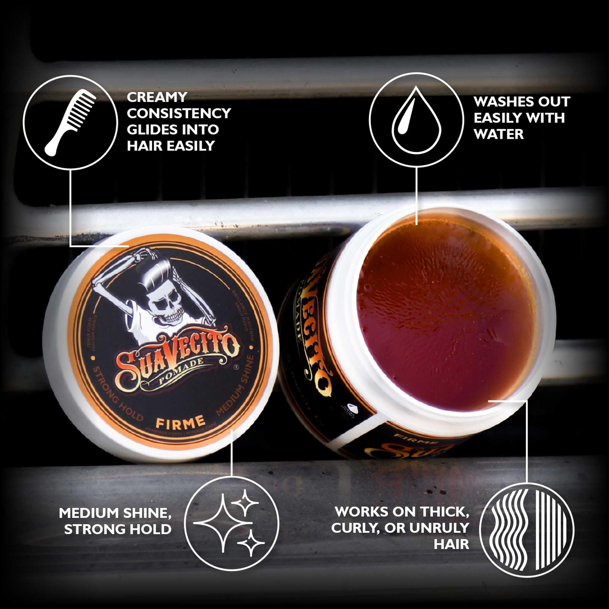 Suavecito Pomade textura cremosa en la mano para fácil aplicación y control de peinados
