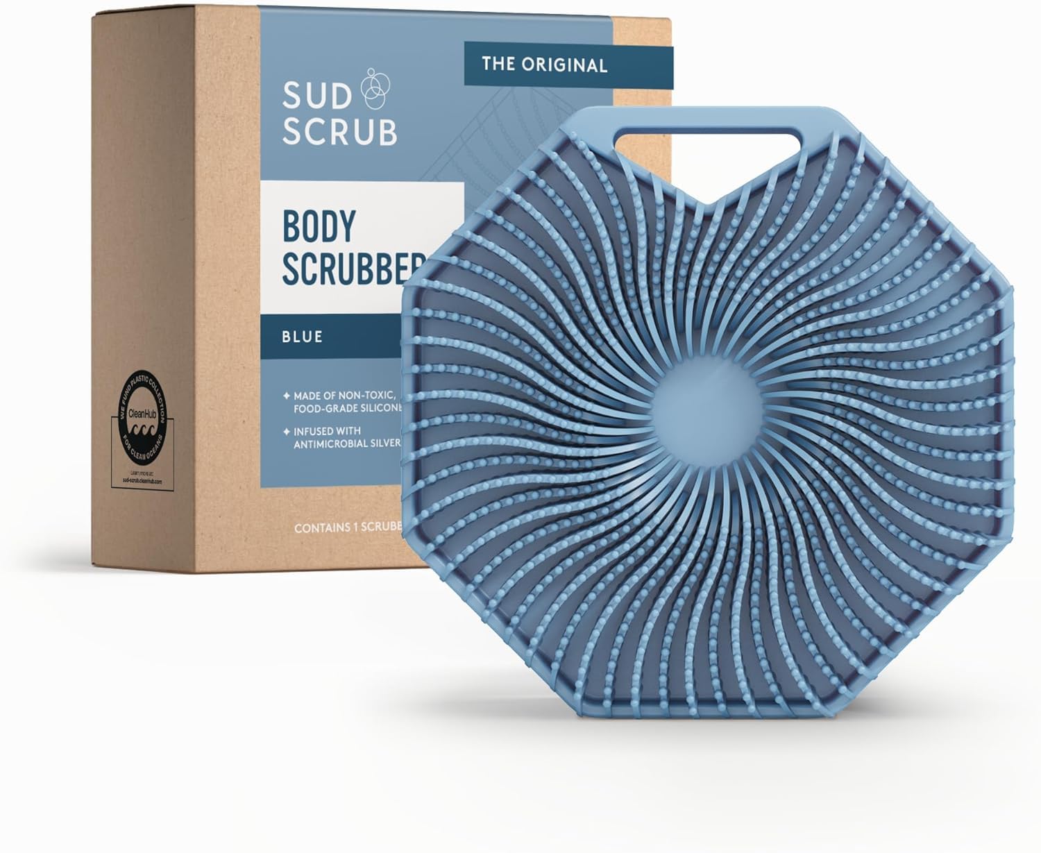 Sud Scrub vista frontal del cepillo azul con diseño ergonómico y agarre seguro