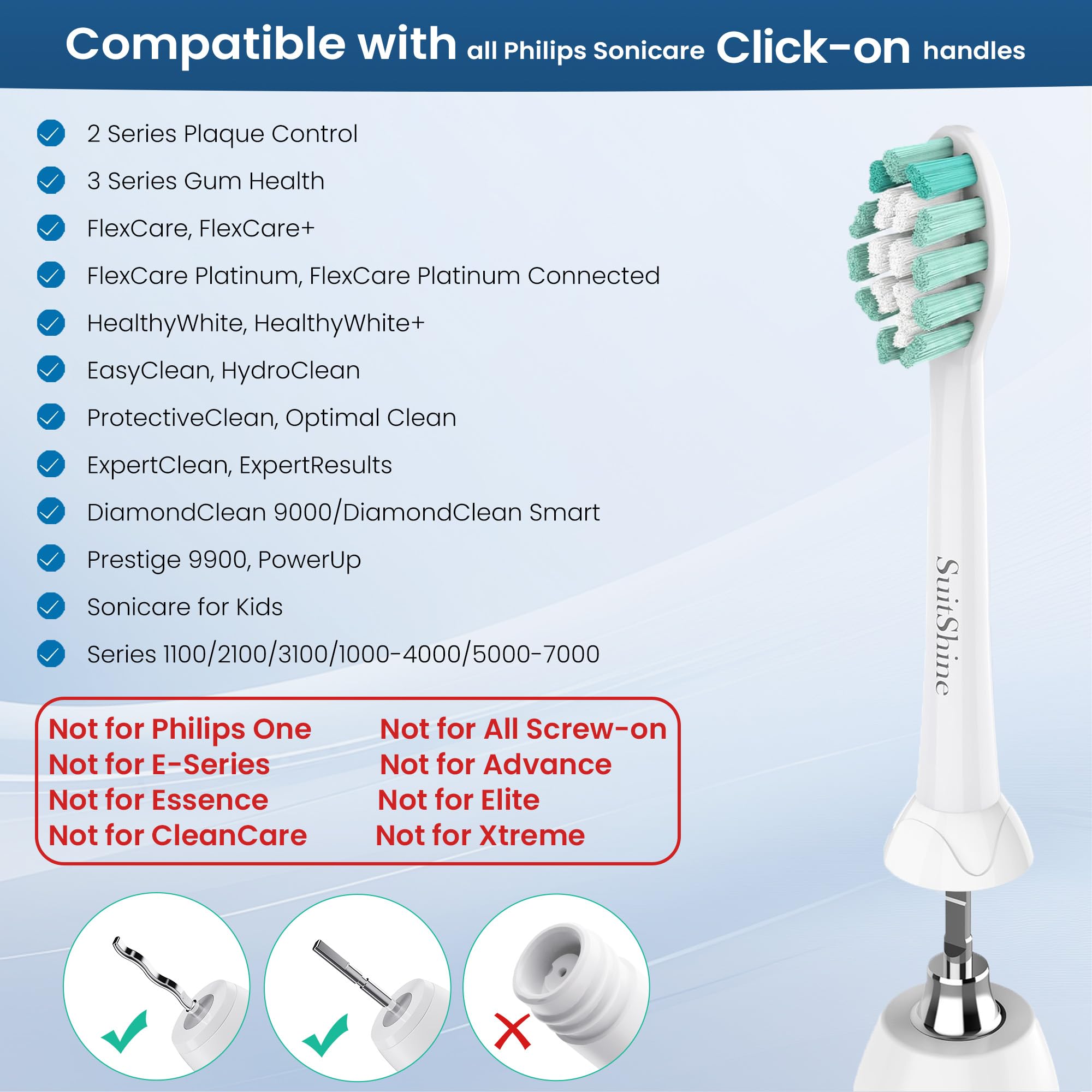 SuitShine etiqueta de compatibilidad con modelos Sonicare, ajuste seguro