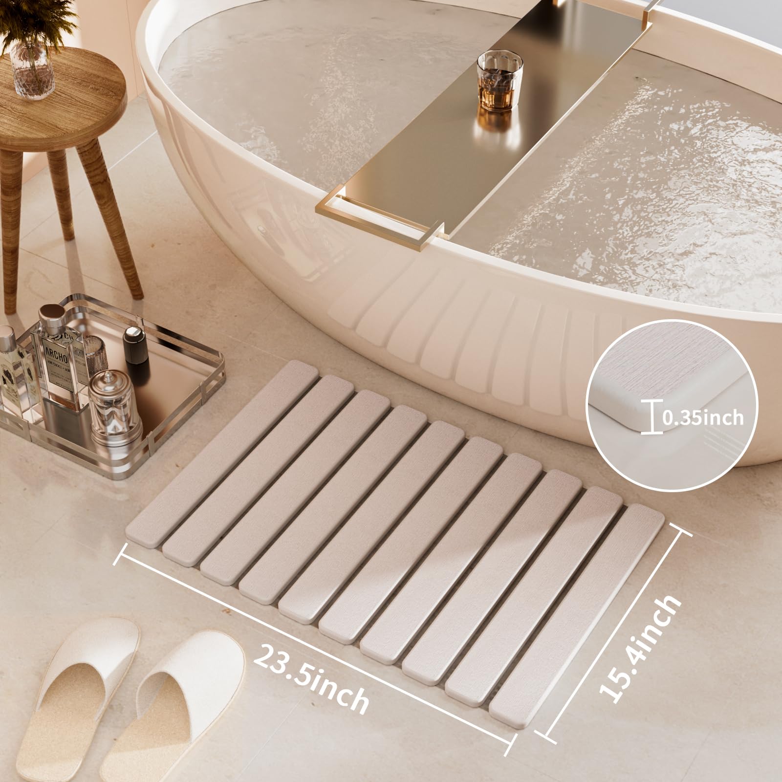 Summer&Kiss tapete en uso junto a ducha, reduce charcos y resbalones