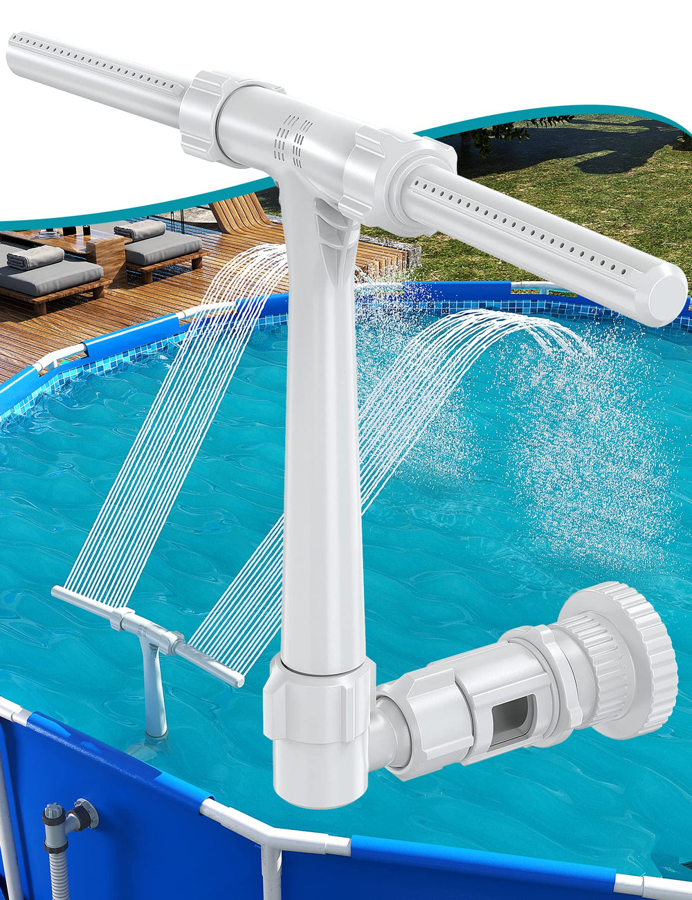 SUMMERBUDDY front view showing dual spray fountain and benefits of visual appeal