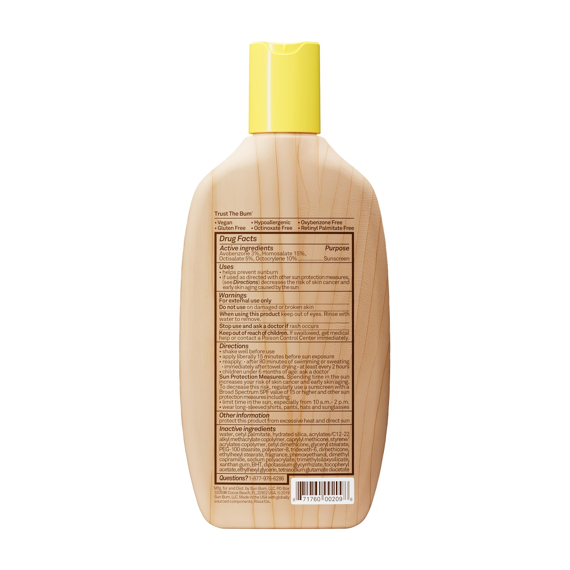 Sun Bum etiqueta con ingredientes y certificaciones amigables con arrecifes
