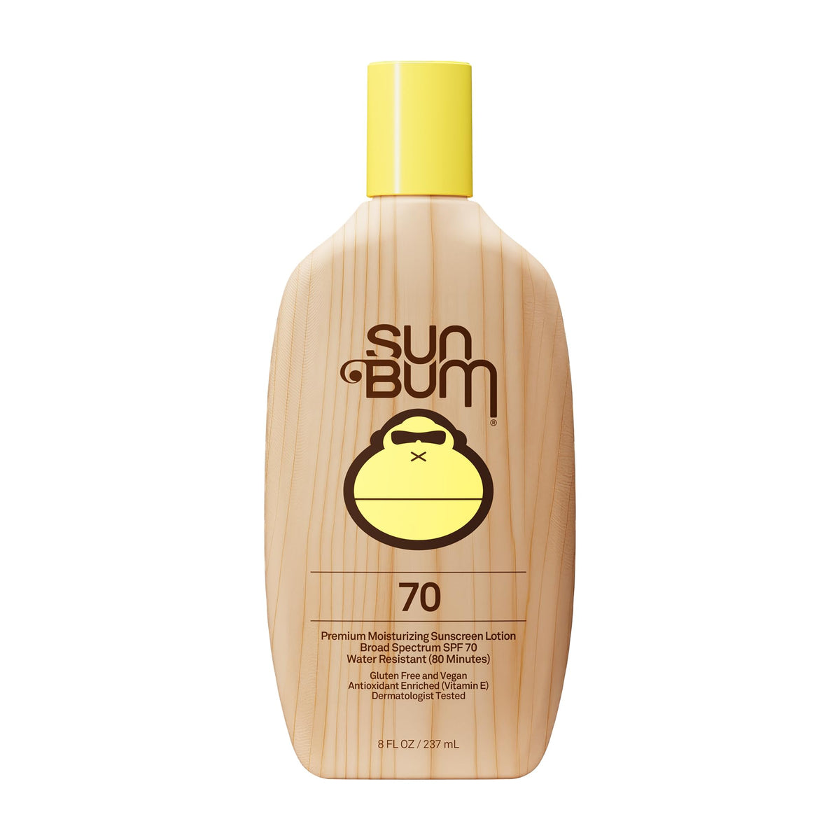 Sun Bum botella frontal mostrando SPF 70 y diseño veraniego beneficioso