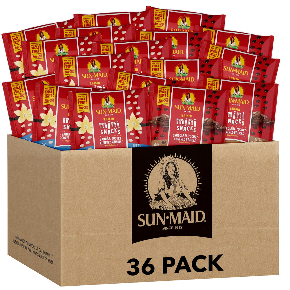 Sun-Maid caja abierta con 36 paquetes individuales, lista para distribución