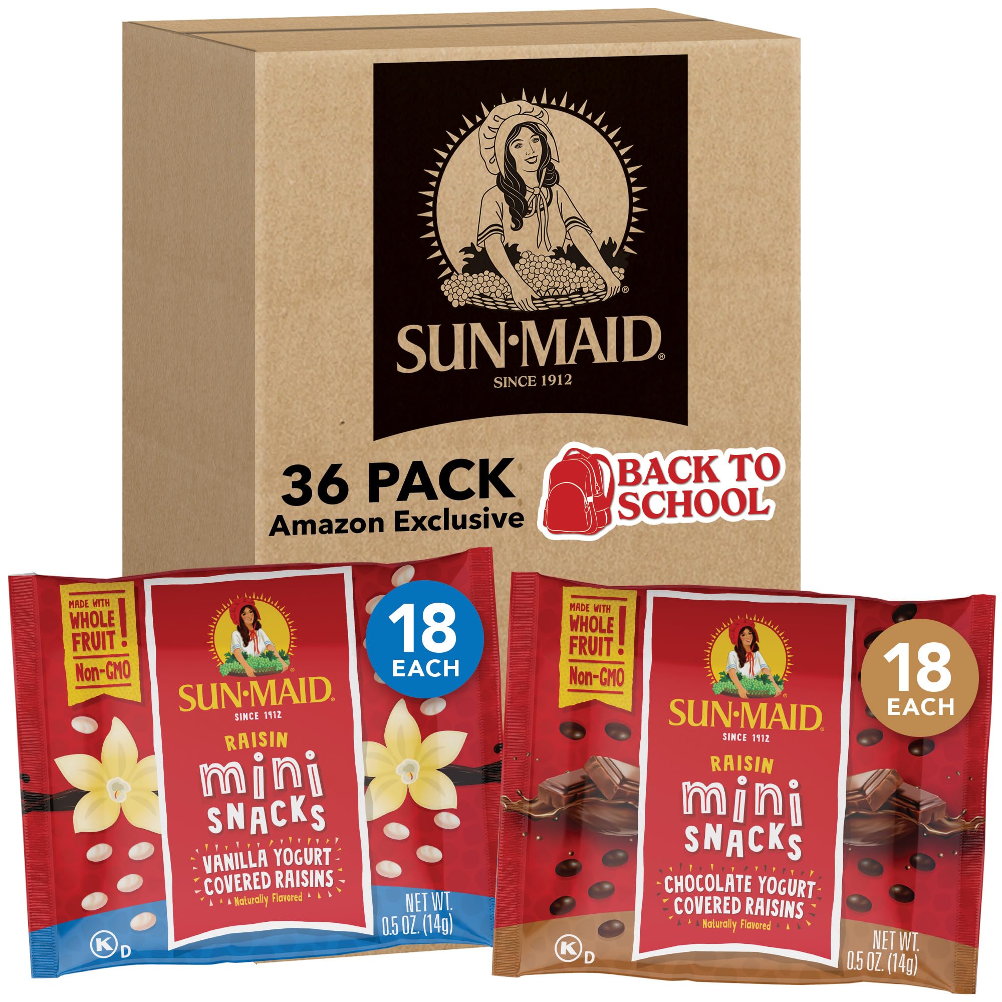 Sun-Maid caja frontal muestra variedad vainilla y chocolate, facilita elección